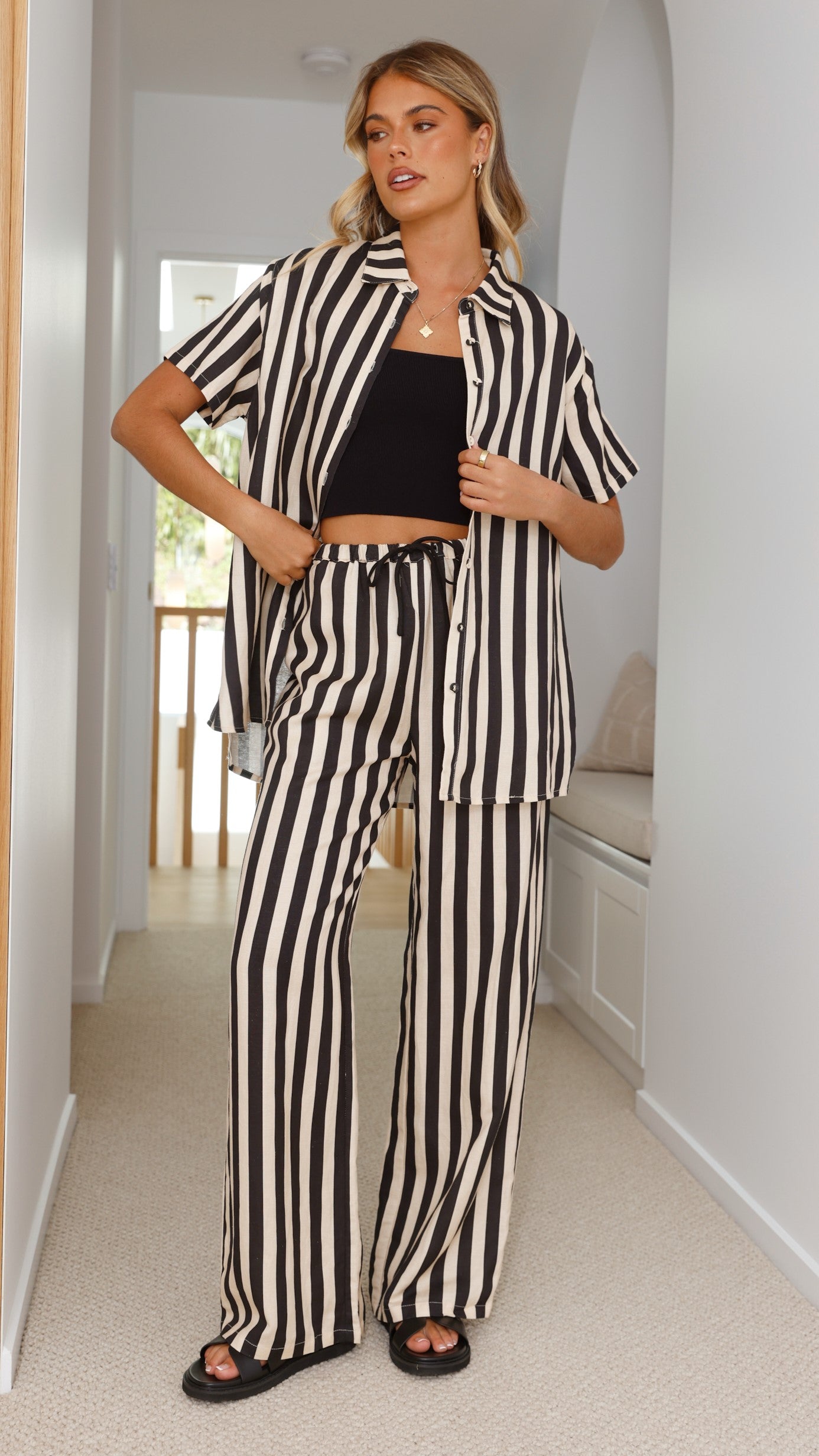 Josie Pants for Women - Black & Beige Striped High-Waisted Trousers | Comfortable Office Work Pants & Casual Wear for Everyday Outfits