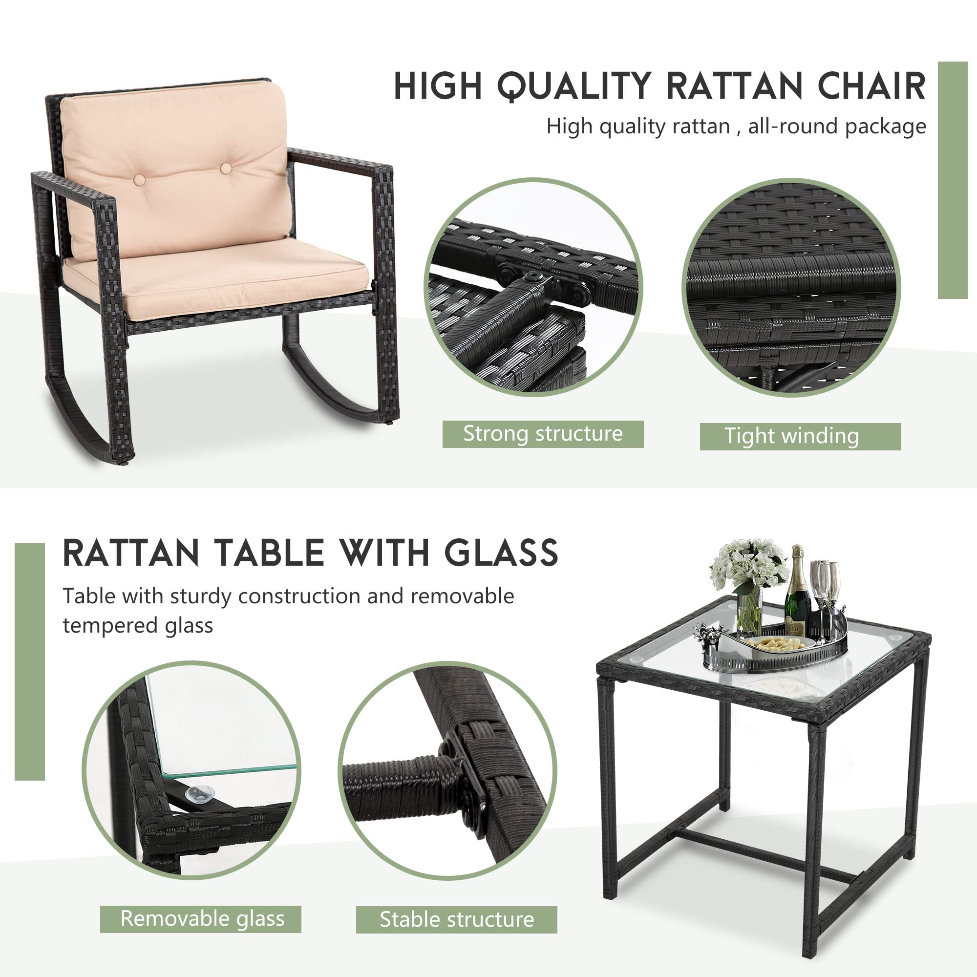 FDW 3-Piece Wicker Patio Furniture Set - Outdoor Rattan Bistro Set with Rocking Chair & Coffee Table for Backyard, Porch, Poolside, Lawn - Perfect for Relaxing & Entertaining - Black