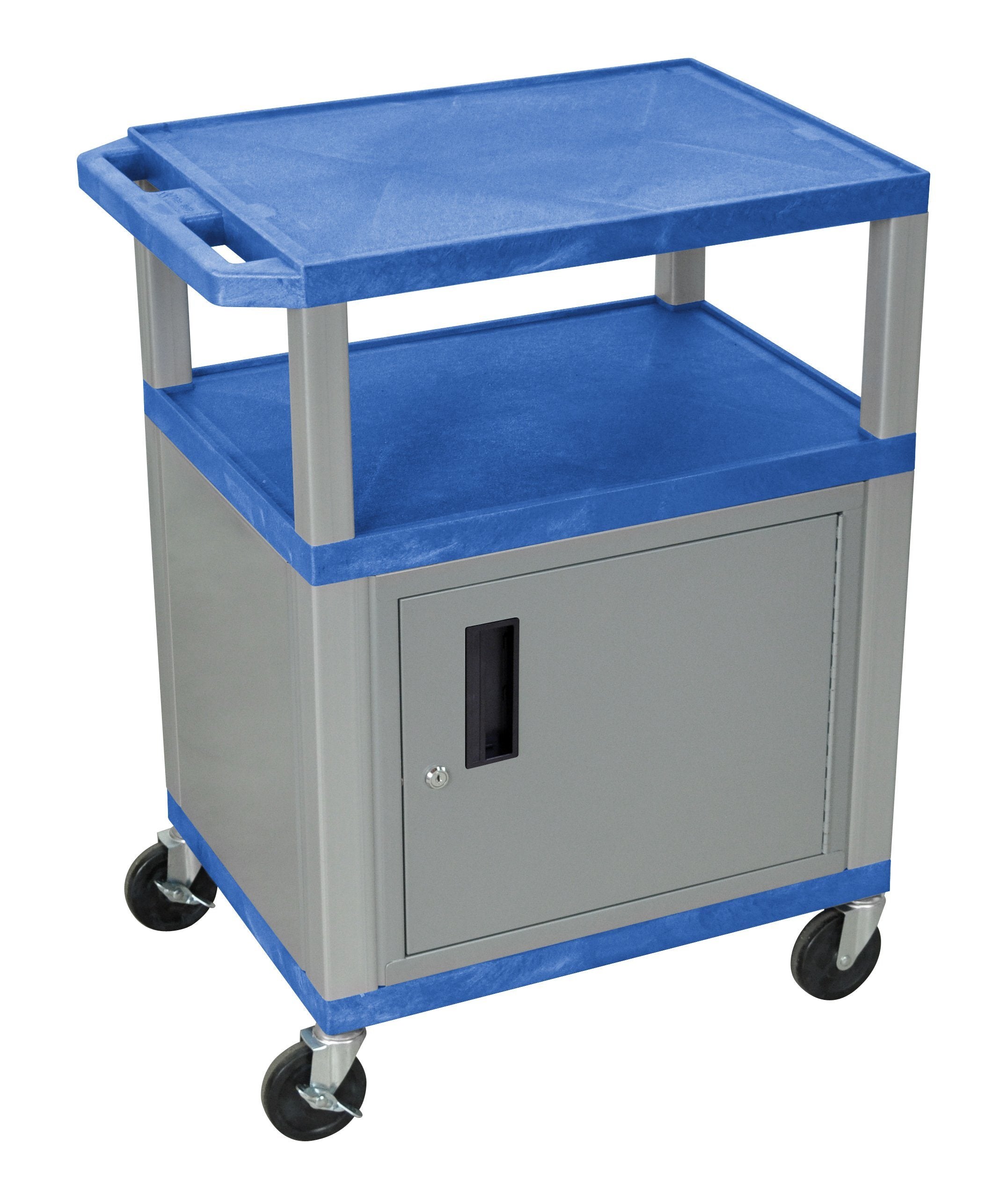 Luxor Tuffy Blue 3-Shelf AV Cart with Black Legs & Electric Outlet - Perfect for Classrooms, Offices, and Home Theater Organization