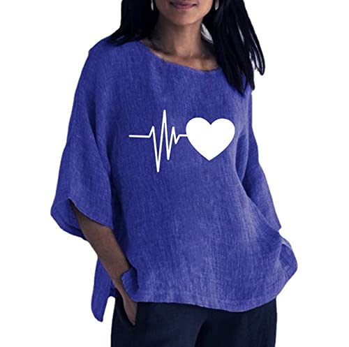 Women's Purple Floral Printed Linen Tunic Top - 3/4 Sleeve Crew Neck Loose Blouse for Summer Casual Wear (Blue, XXL) | Perfect for Beach Outings, Weekend Brunch & Boho Style Outfits