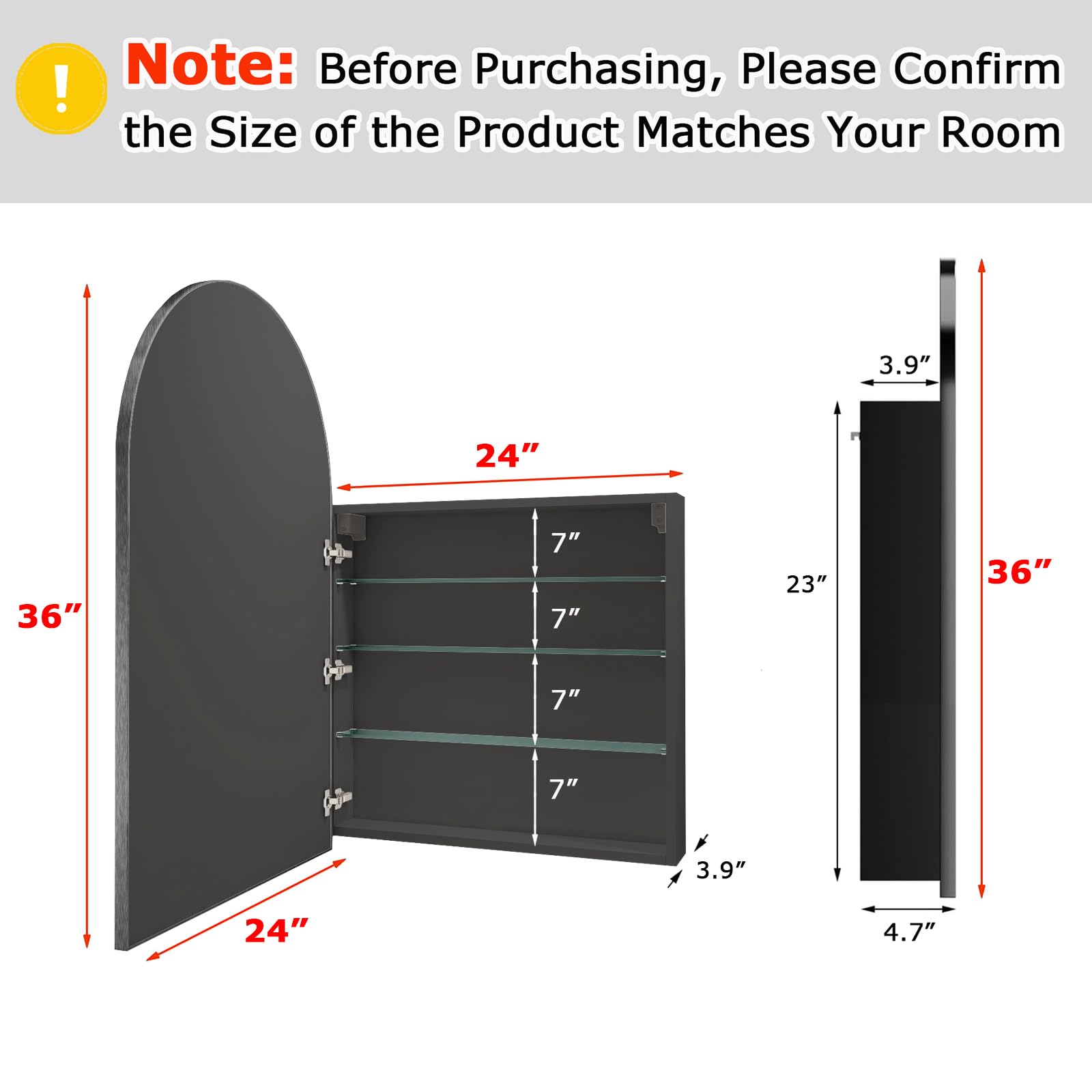 FKWin Arched Medicine Cabinet with Mirror - Aluminum Alloy Brushed Frame Bathroom Storage Mirror - 3 Adjustable Shelves Vanity Mirror - Surface Wall Mounted (Not Recessed) - 24x36 Inches Black - Perfect for Bathroom, Bedroom & Vanity Organization