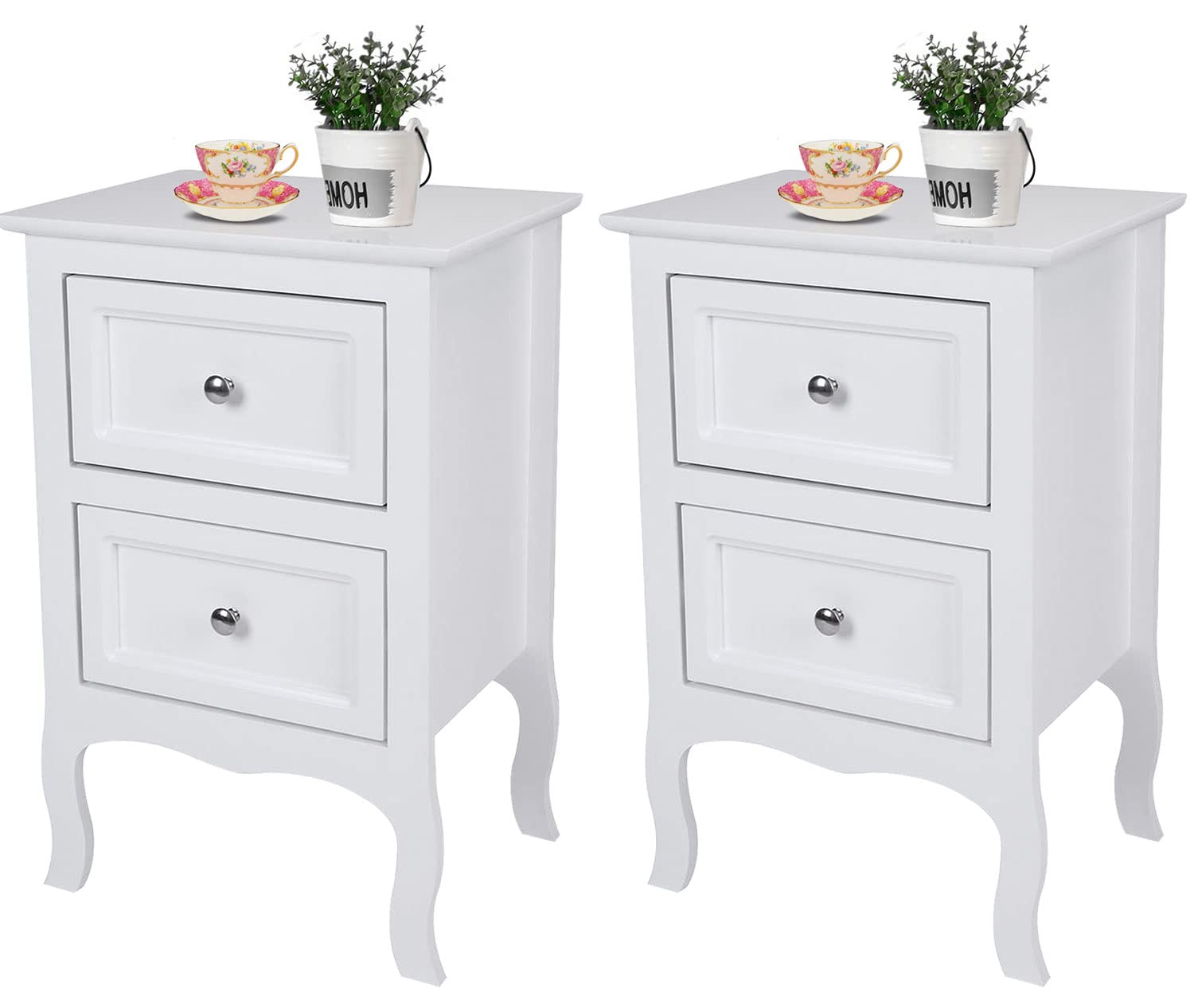 Farmhouse White Nightstand with 2 Drawers - Solid Wood Side Table for Bedroom, Living Room | Rustic End Table with Storage | 2-Pack Accent Tables for Home Decor & Small Space Organization