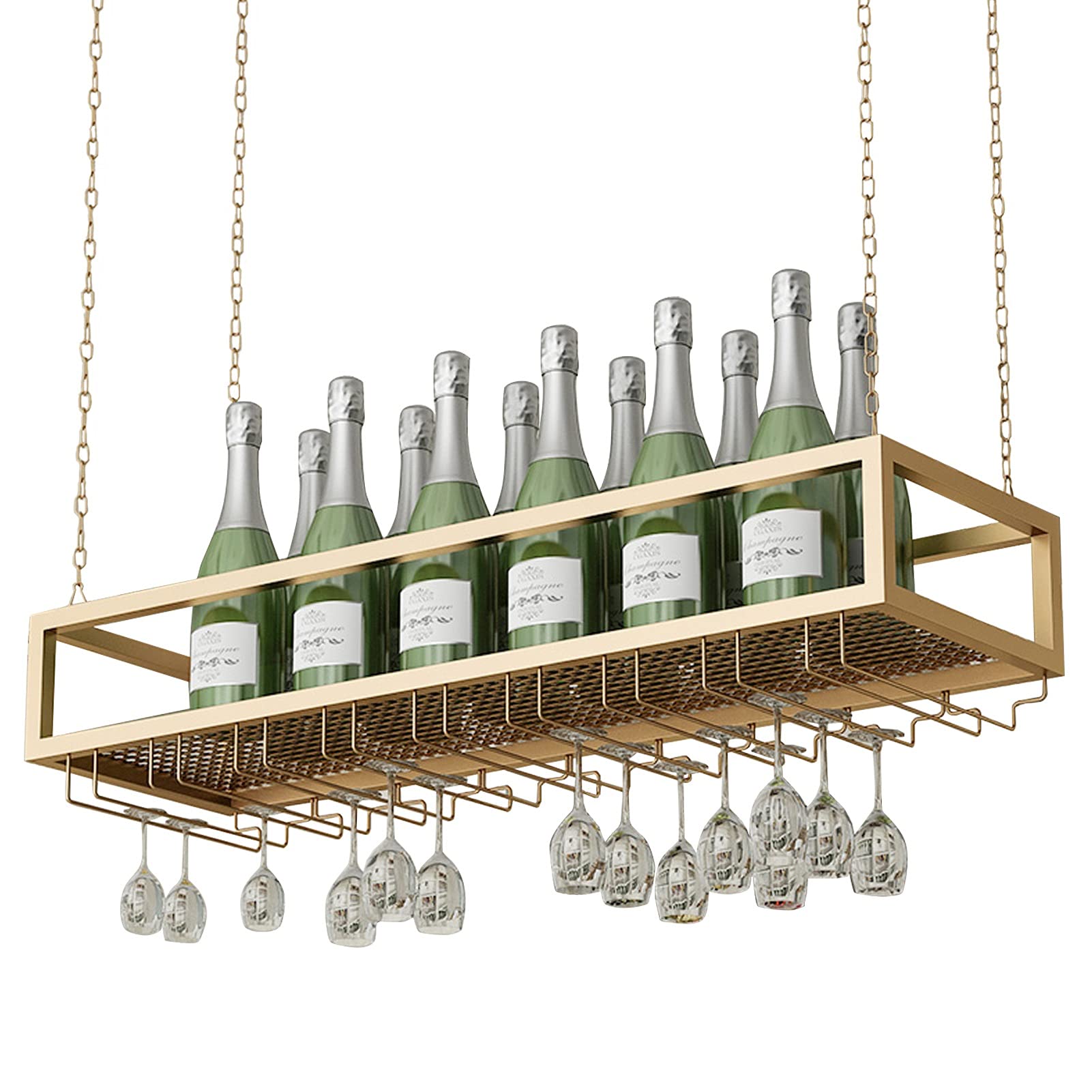 Premium Hanging Gold Wine Rack - Metal Iron Chain Ceiling Mounted Stemware Holder for Wine Bottles & Goblets - Perfect for Bars, Restaurants & Home Kitchens - Elegant Decor (140x25x20cm) - Ideal for Wine Storage, Party Decor & Space-Saving Glassware Organization