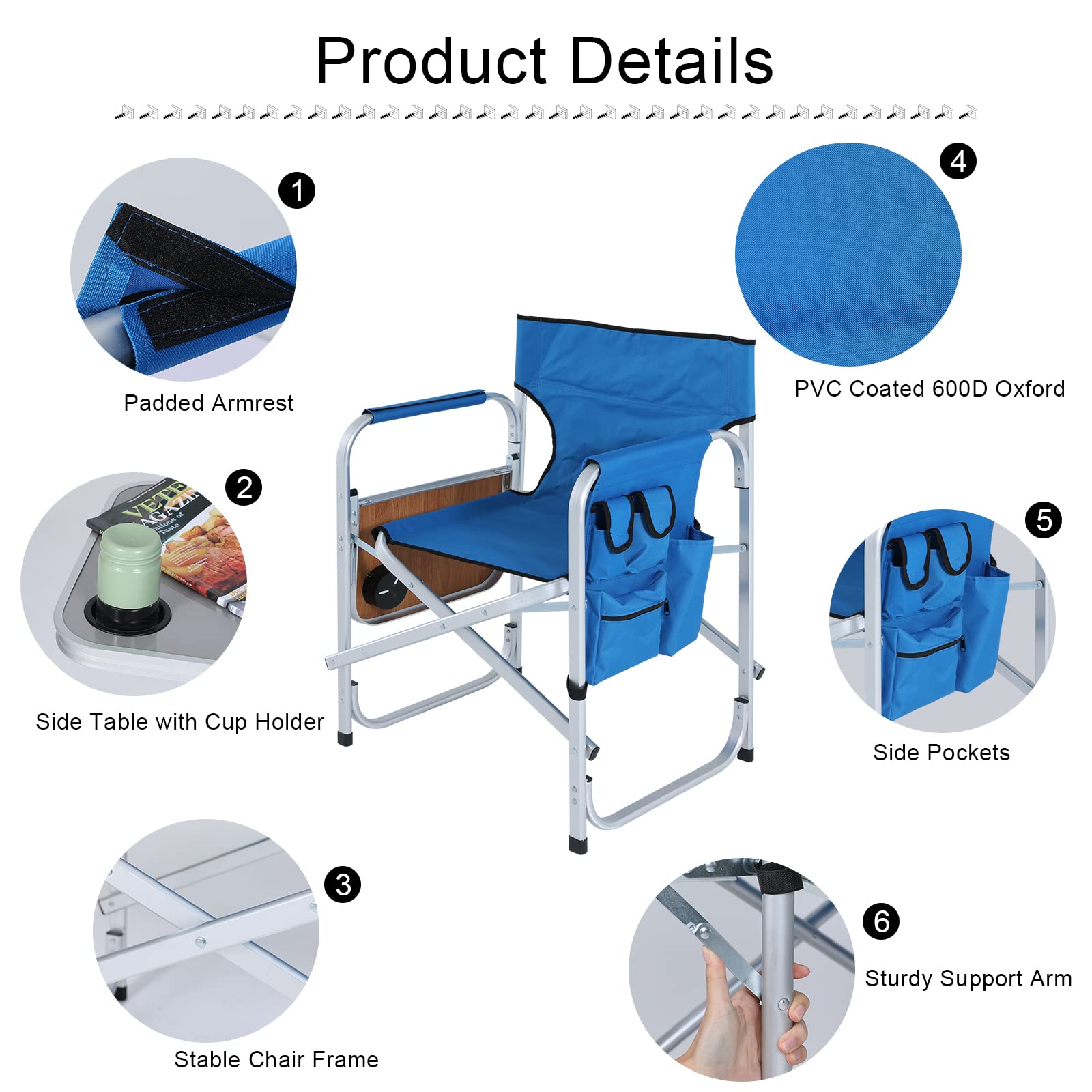 ABCCANOPY Folding Directors Chair - Portable Outdoor Camping Chair with Side Table & Storage Pockets - Royal Blue - Perfect for Beach, Picnic, Backyard, and Makeup Artist Use