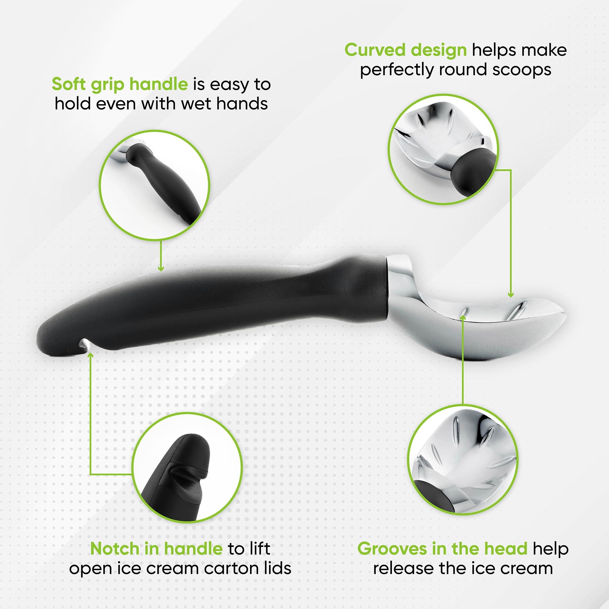 Spring Chef Heavy Duty Ice Cream Scoop with Ergonomic Handle - Professional Stainless Steel Scooper for Gelato, Sorbet, Cookie Dough, Frozen Yogurt & Melon - Dishwasher Safe Kitchen Tool - Perfect for Ice Cream Parlors, Dessert Shops & Home Use - Black