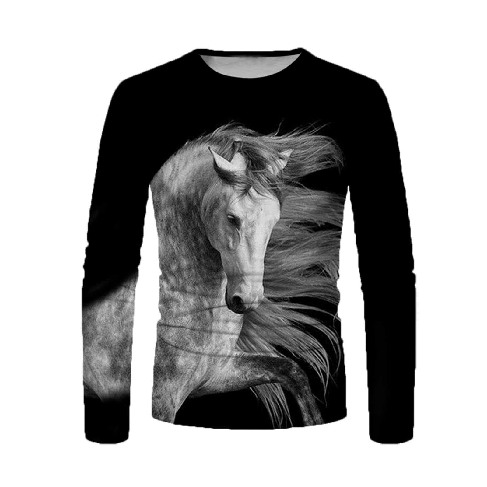 Men's Graphic Snow War Horse Printed Long Sleeve Crew Neck Shirt - Slim Fit Casual Blouse Top for Everyday Wear & Outdoor Activities