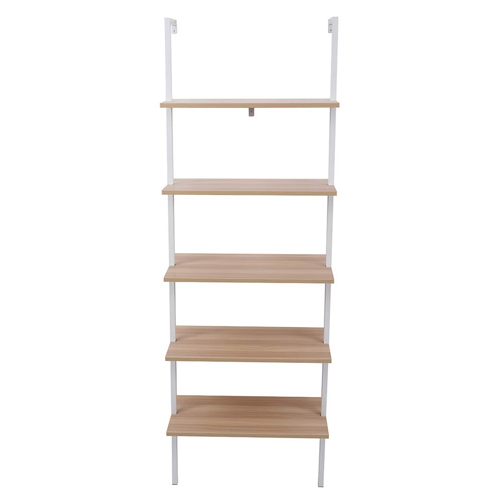 5-Tier Industrial Ladder Shelf - Wall Mounted Bookcase & Display Storage Rack with Metal Frame for Plants, Books & Home Decor - Perfect for Living Room, Kitchen, Office & Small Spaces (Walnut Finish)