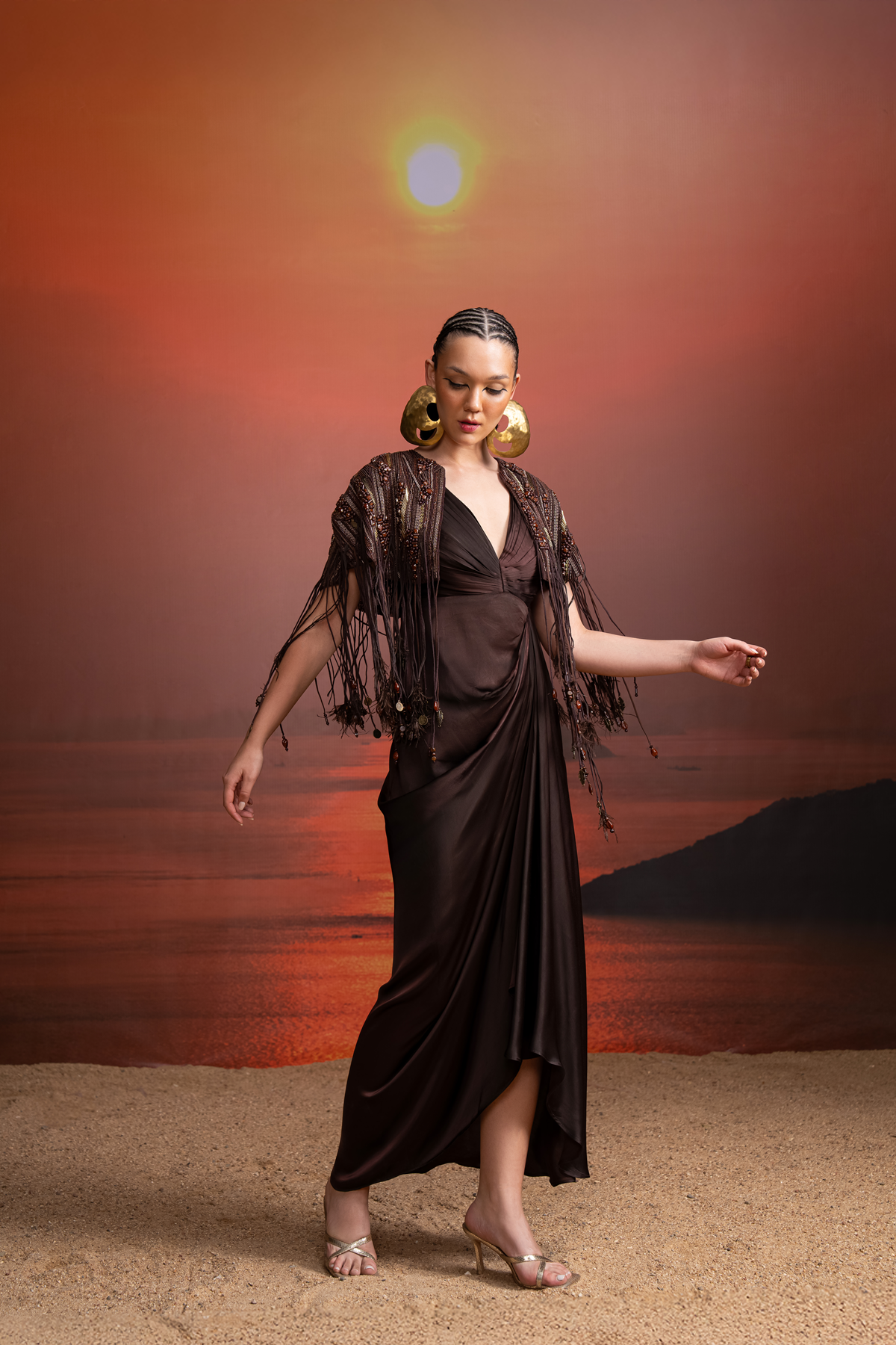 Elegant Brown Pleated Draped Dress with Cape - Perfect for Evening Parties, Weddings & Special Occasions