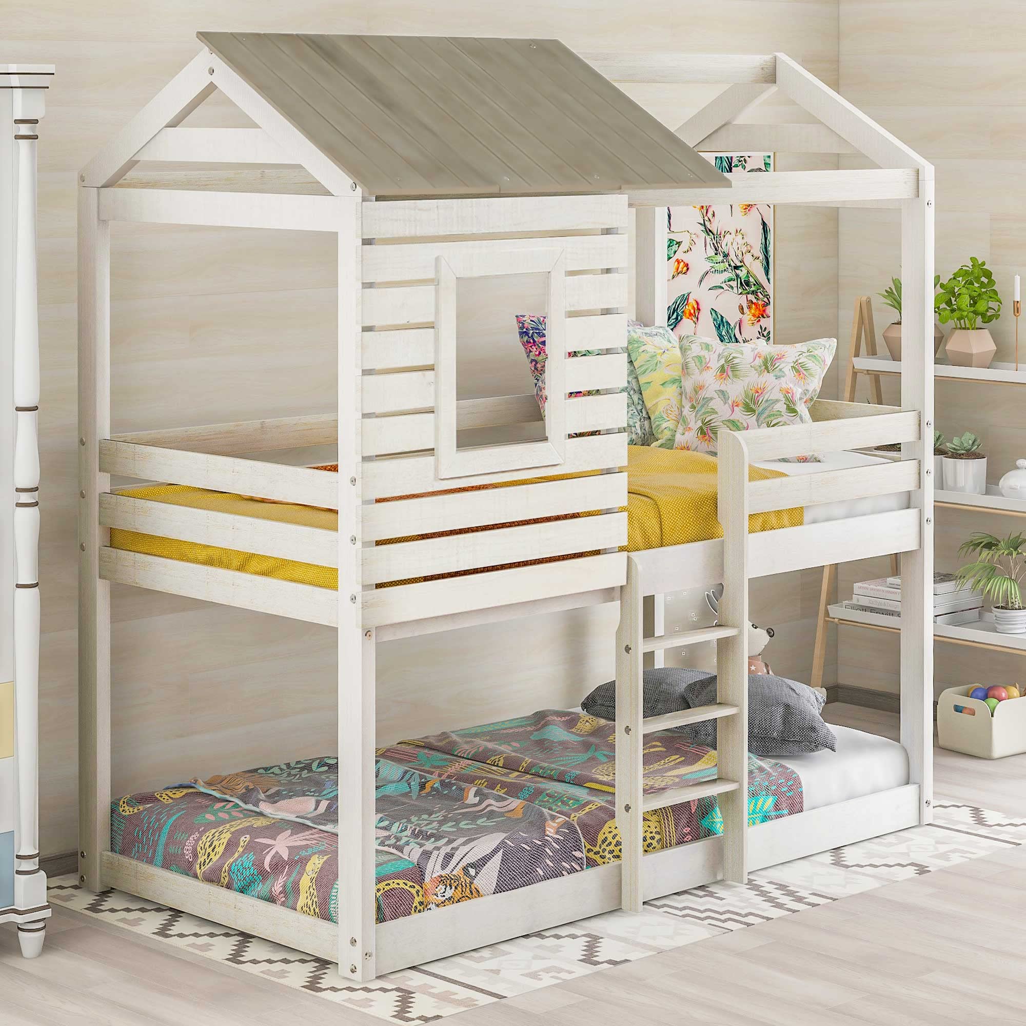 Twin Over Twin Bunk Bed Frame for Kids - Low Profile House Bunk Bed in Antique White - Perfect for Small Bedrooms, Kids' Rooms & Space-Saving Sleep Solutions
