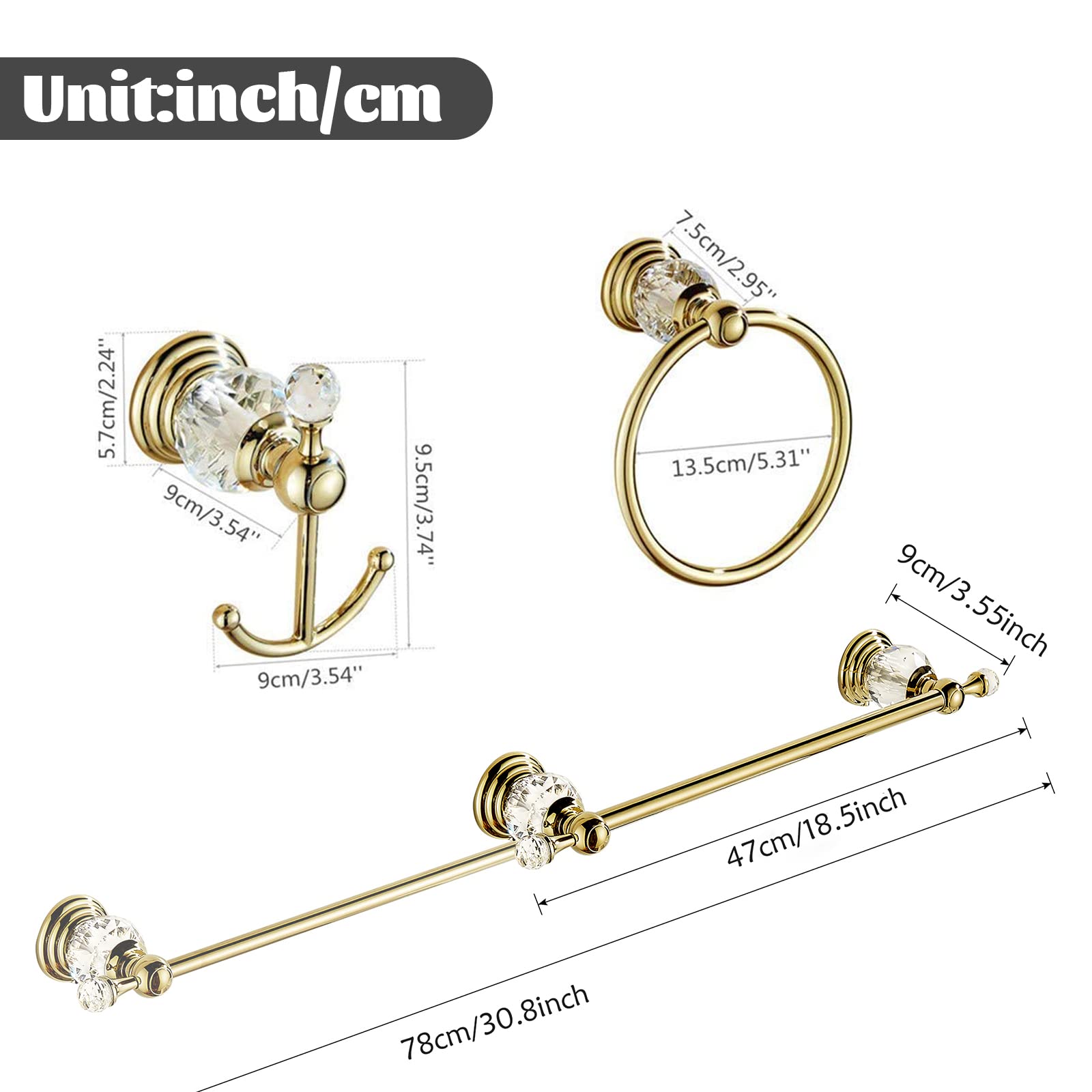 Golden Bathroom Accessories Set - Crystal Towel Bar & Wall Mounted Hooks for Luxury Bathrooms