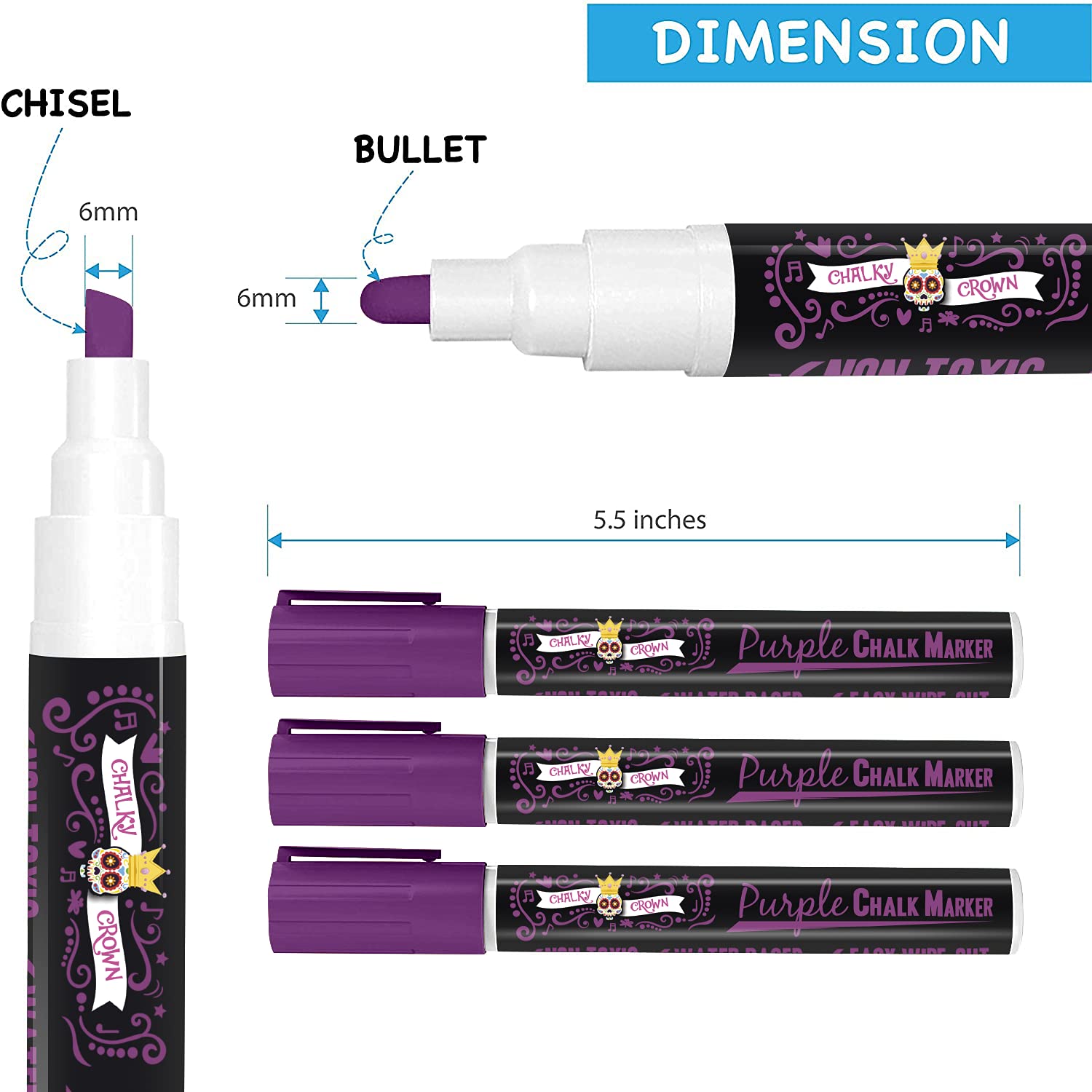 CHALKY CROWN Liquid Chalk Markers - 6mm Reversible Tip Dry Erase Markers for Chalkboard, Blackboard, Windows, Glass & Mirror Writing - Non-Toxic Washable Markers (5 Pack, Purple) - Perfect for Restaurants, Cafes, Retail Signs & DIY Home Decor