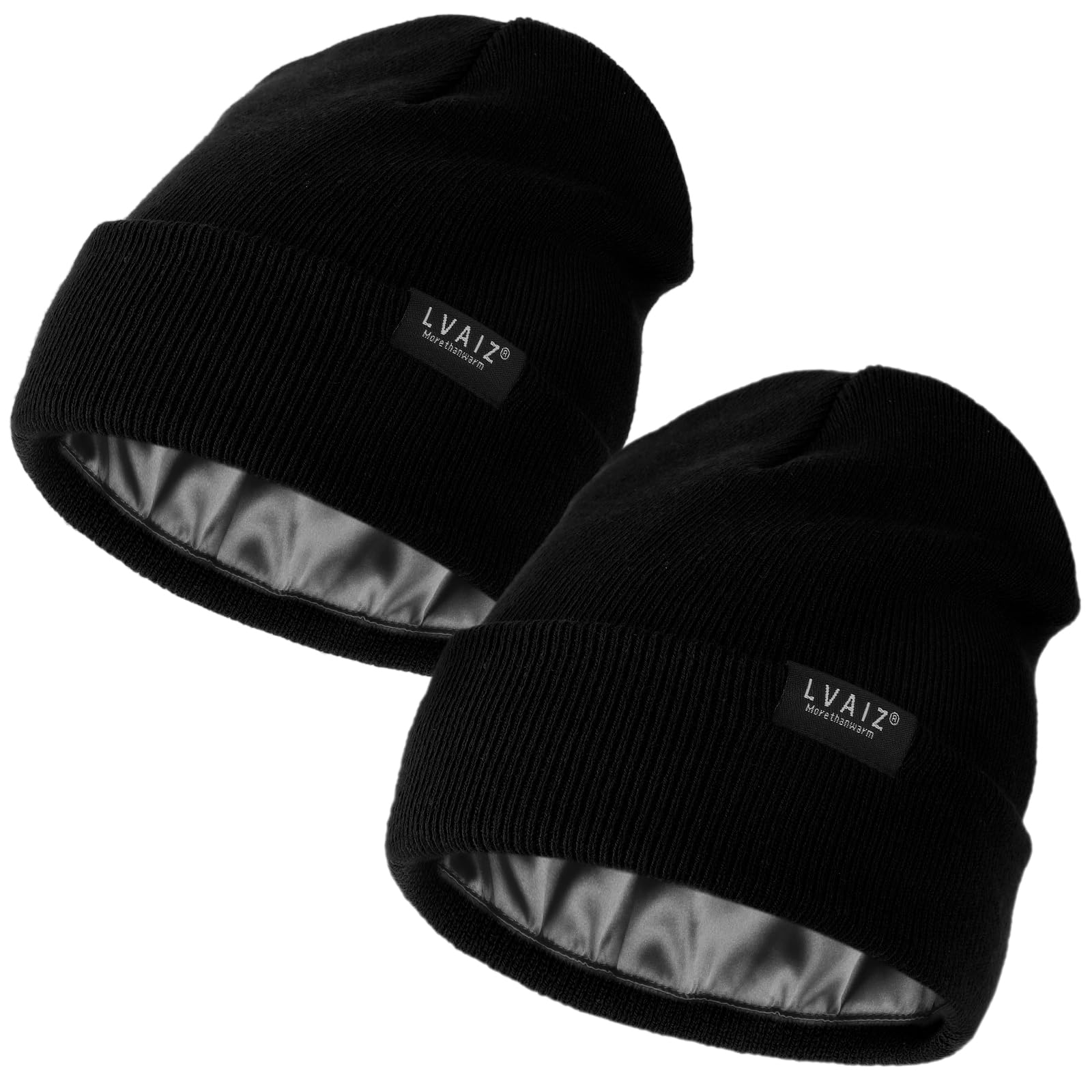 2 Pack Satin Lined Beanie Hats for Men & Women - Winter Warm Knitted Cuffed Skull Cap with Silk Lining - Cozy Slouchy Design for Cold Weather, Outdoor Activities & Daily Fashion