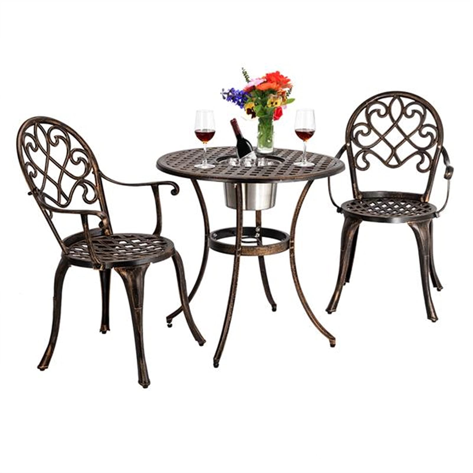 European Style Walnut Finish Cast Aluminum 3-Piece Outdoor Bistro Set - Table & Chairs with Ice Bucket - Bronze Patio Furniture for Garden, Balcony & Poolside Dining