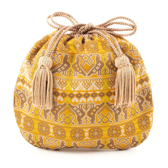 Nishijin Ori Small Drawstring Bag - Cock & Golden Brown - Handmade in Kyoto Japan - Traditional Japanese Craft Purse - Perfect for Coins, Jewelry & Gift Giving