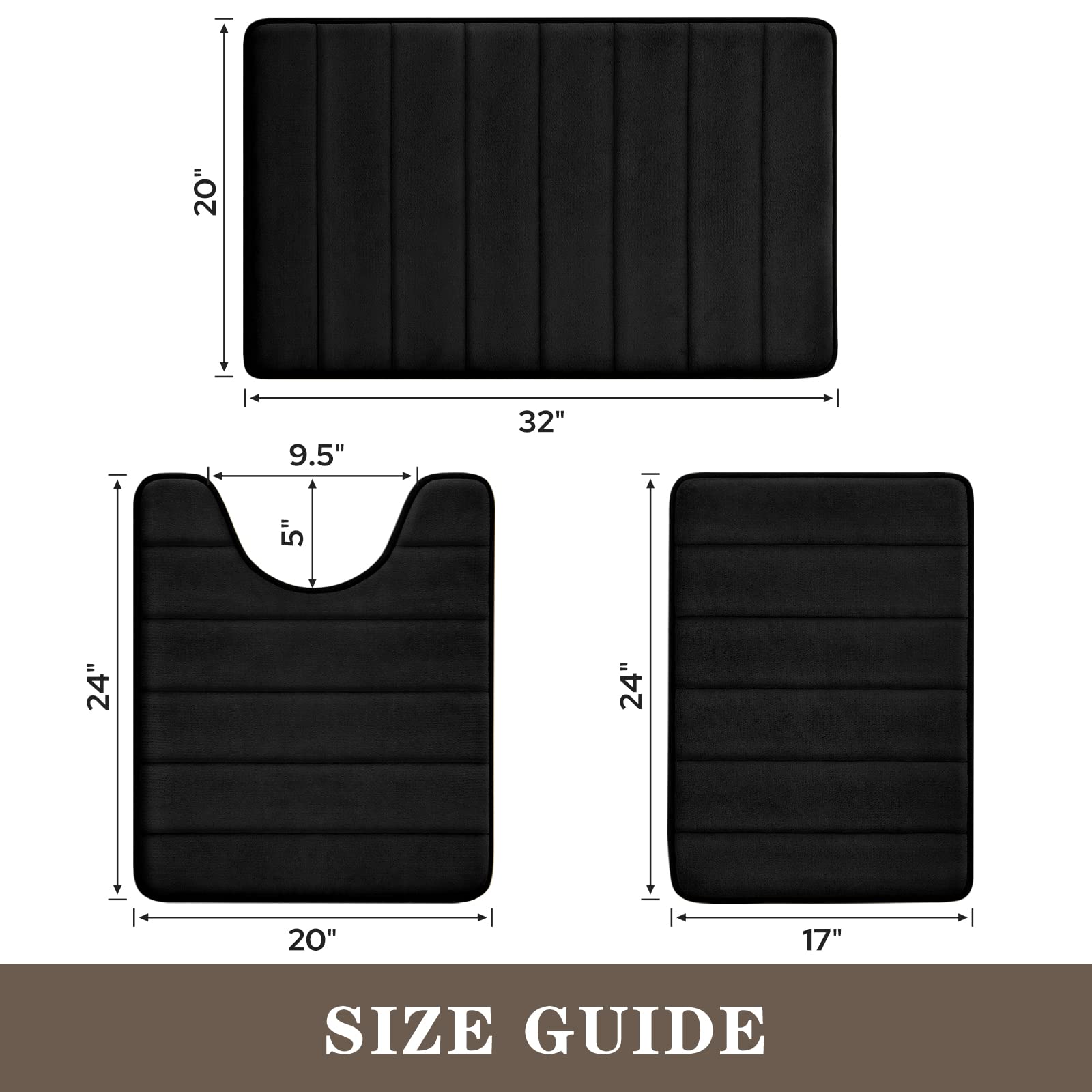 BYSURE 3-Piece Black Memory Foam Bathroom Rug Set - Non-Slip, Super Soft & Absorbent, Machine Washable Bath Mats for Toilet & Shower - Perfect for Bathroom Safety and Comfort