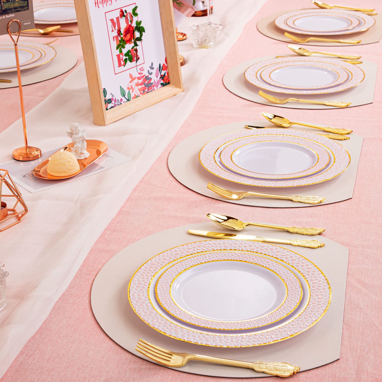 Liacere 102-Piece Pink Plastic Plates & 30-Pack Gold Plastic Cutlery Set - Perfect for Birthday Parties, Weddings, and Outdoor Events