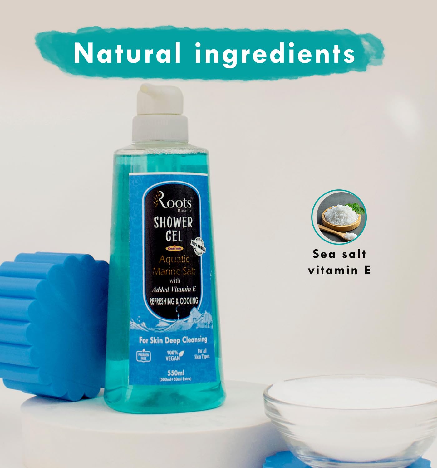 Roots Botanix Sea Mineral Body Wash - Natural Gel-Based Shower Gel with Sea Minerals, Paraben-Free & Silicone-Free for All Skin Types (550ml) - Hydrating & Gentle Cleansing for Daily Shower & Spa Experience