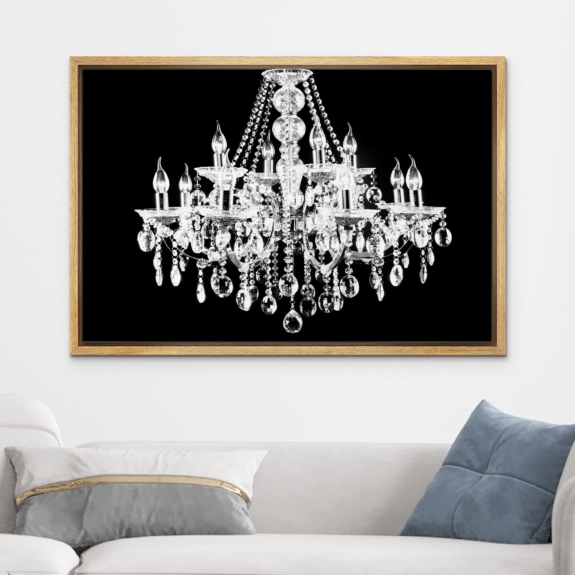 Black & White Chandelier Silhouette Canvas Wall Art - Modern Framed Digital Print for Living Room, Bedroom, Office Decor - 16x24 Inches Natural Wood Frame - Perfect for Relaxation & Chic Home Styling