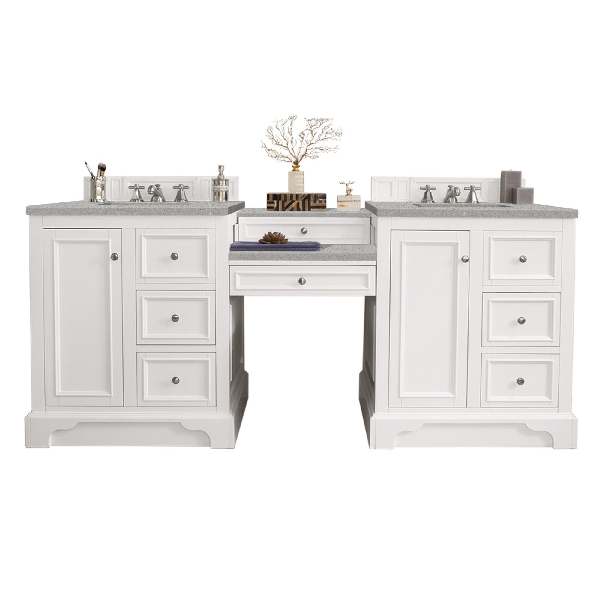 De Soto 82 Inch Double Vanity Set with Makeup Table - Bright White Finish & 3CM Eternal Serena Quartz Countertop - Perfect for Master Bathroom & Dressing Room Makeup Organization