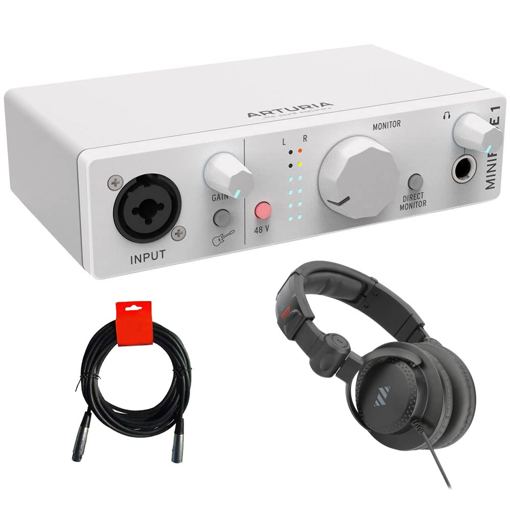 Arturia MiniFuse 1 USB-C Audio Interface Bundle - White | Includes Studio Monitor Headphones & XLR Cable | Perfect for Home Recording, Podcasting & Music Production