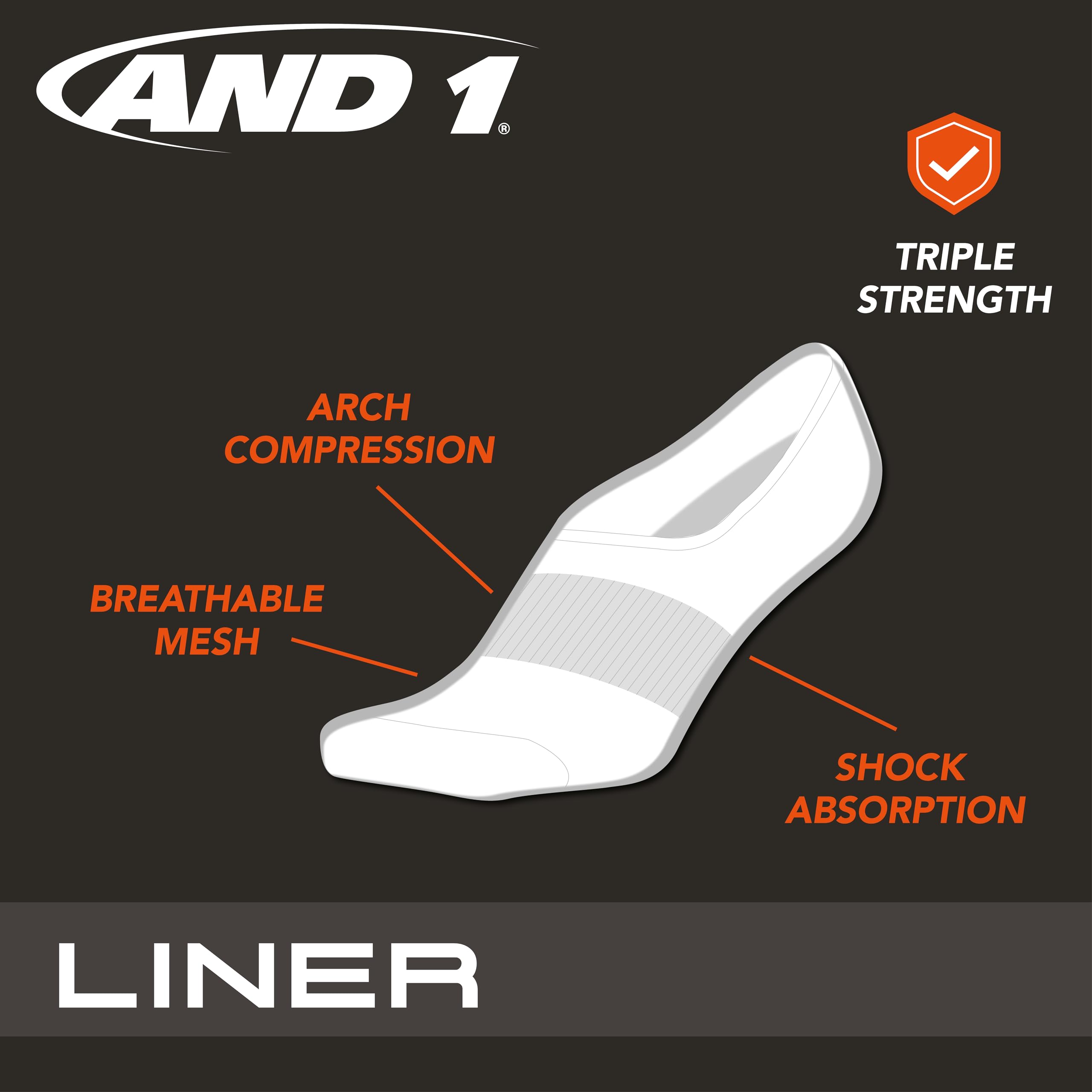 AND1 Men's Performance No Show Socks - 24 Pack Lightweight Breathable Athletic Liner Socks for Running, Basketball & Gym Workouts - Moisture Wicking & Cushioned Comfort