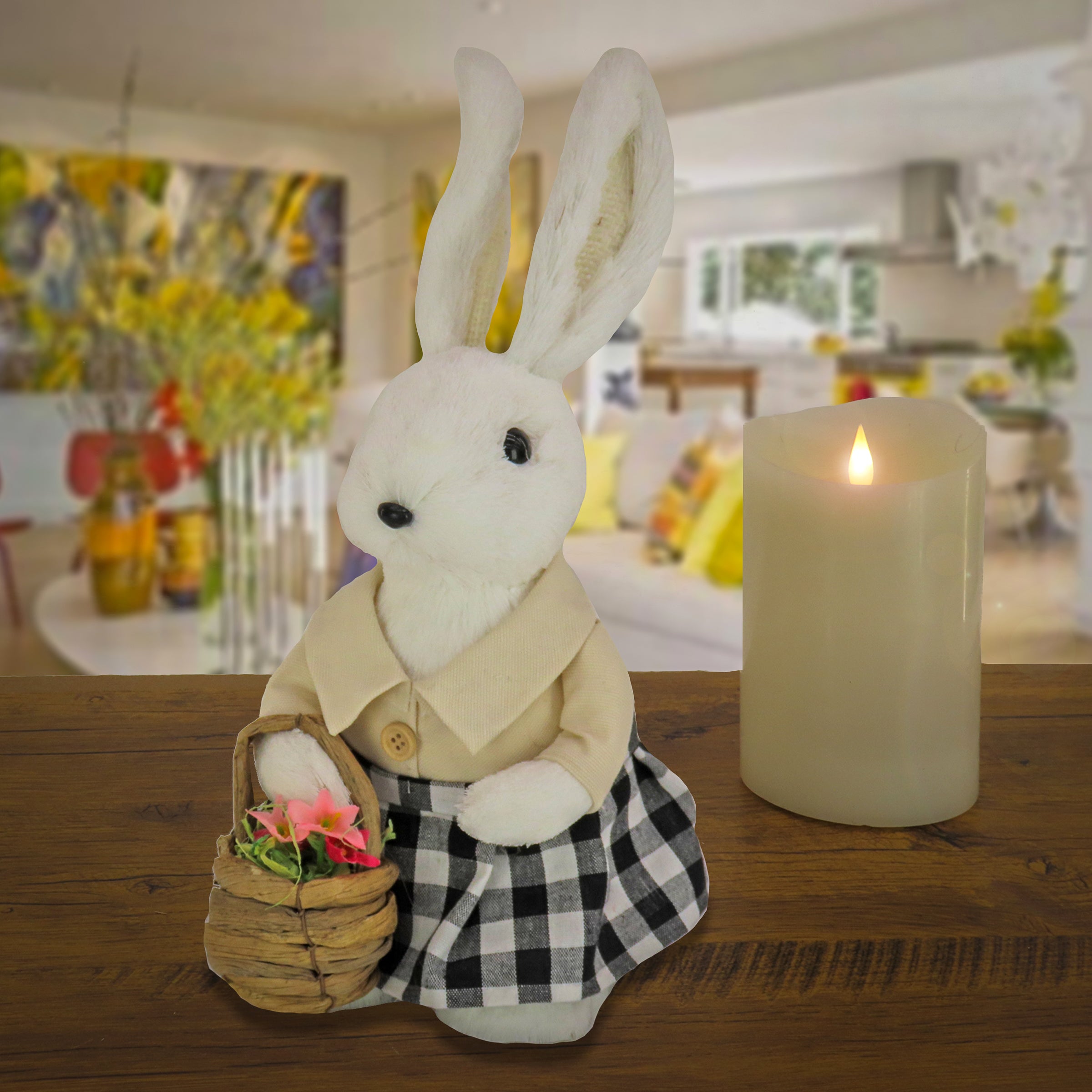 12 Inch Fluffy Female Bunny with Flower Basket - Cute Easter Bunny Table Decoration for Spring Home Decor, Easter Party Centerpiece, and Gift Idea