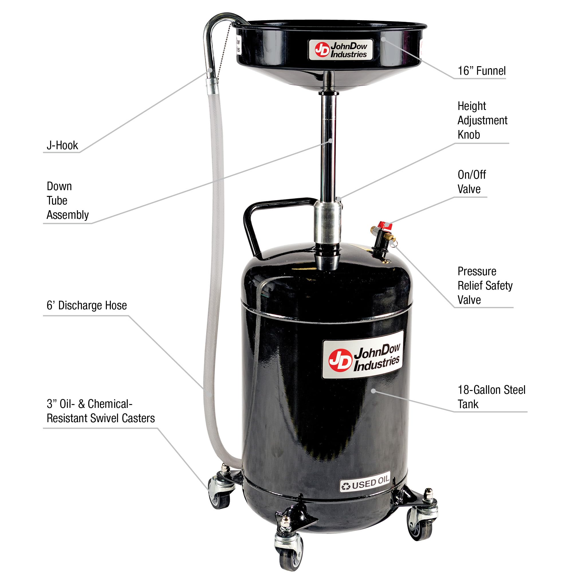 JohnDow Industries JDI-18DC 18 Gallon Portable Oil Drain with Self-Evacuating System - 16
