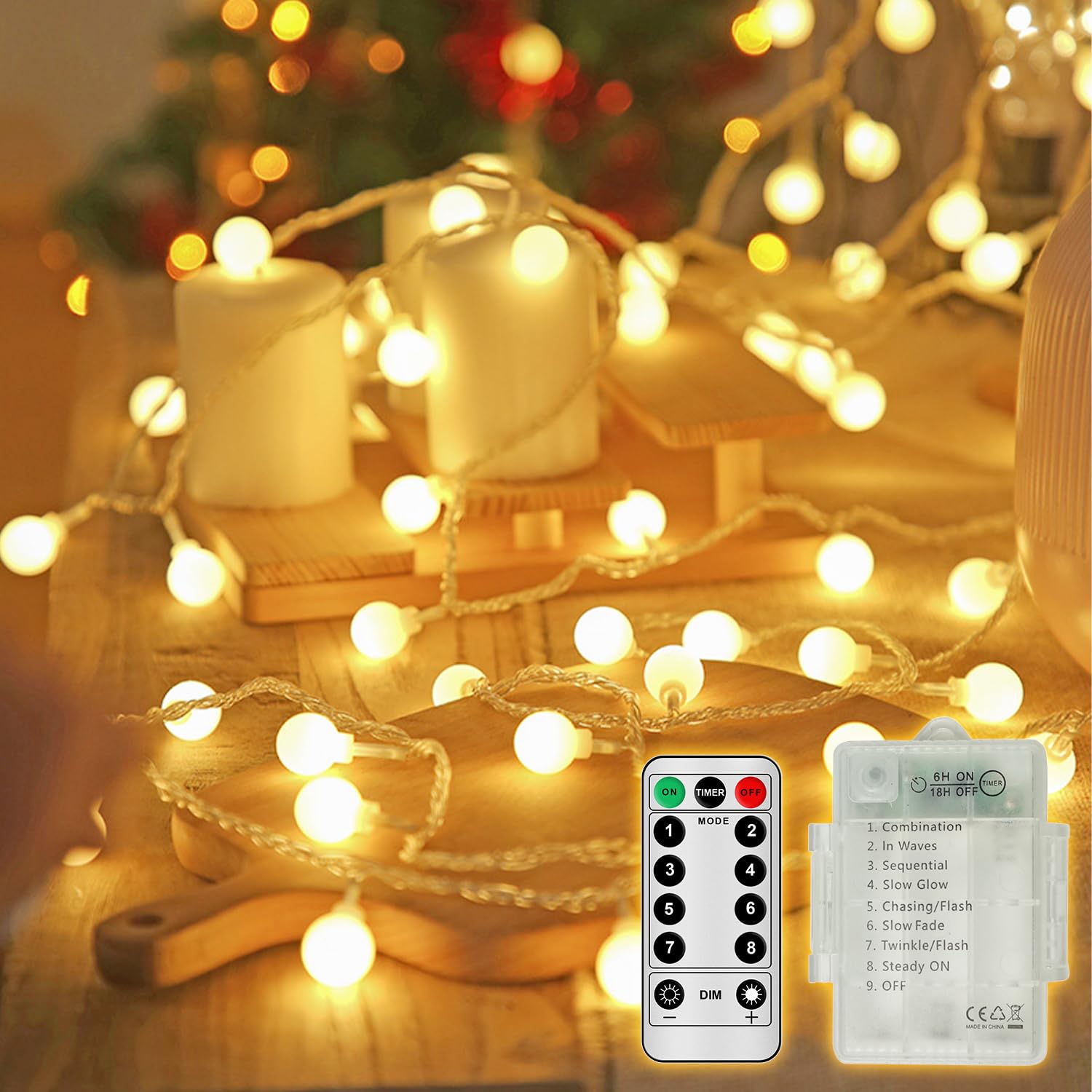 33ft 100 LED Battery Operated Christmas Lights with Remote & Timer - 8 Modes Waterproof Globe String Lights for Indoor Outdoor Decor, Camping, Parties, Weddings, and Holiday Lighting