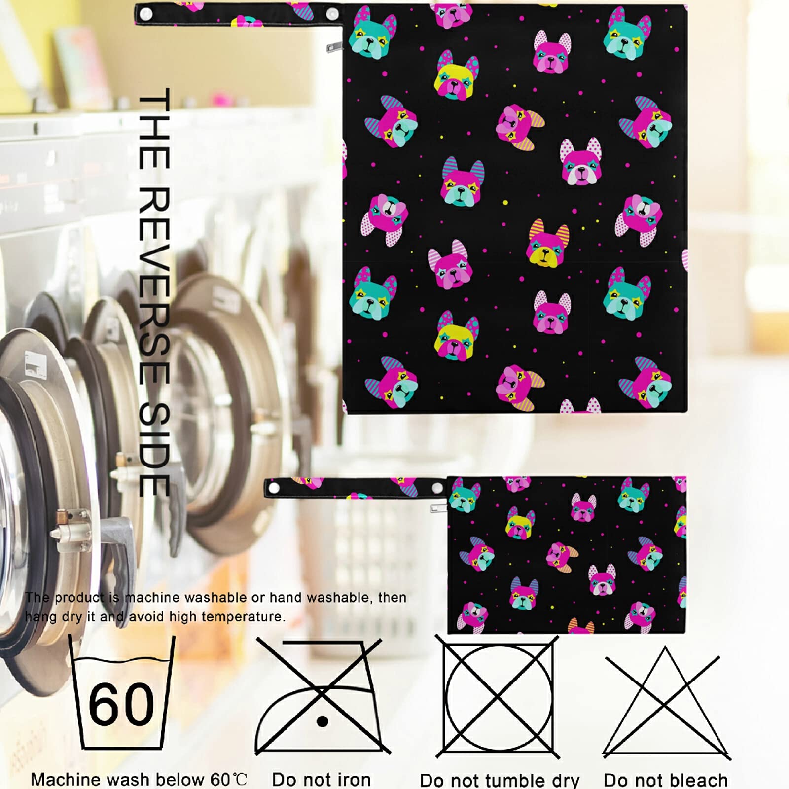Colorful Bulldog Print 2-Piece Wet Bag Set with Zippered Pockets - Washable & Reusable Diaper Bag for Travel, Beach, Daycare | Perfect for Strollers, Gym Clothes, Swimsuits & Toiletries Organization