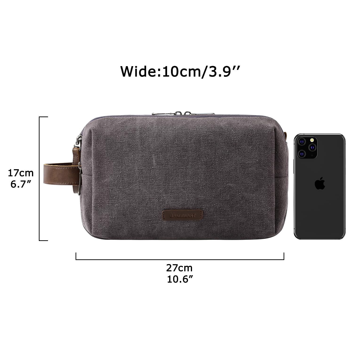 BAGSMART Men's Water-Resistant Canvas Travel Toiletry Bag - Medium Grey Dopp Kit Organizer for Shaving & Toiletries Accessories | Perfect for Business Trips, Camping & Gym Essentials