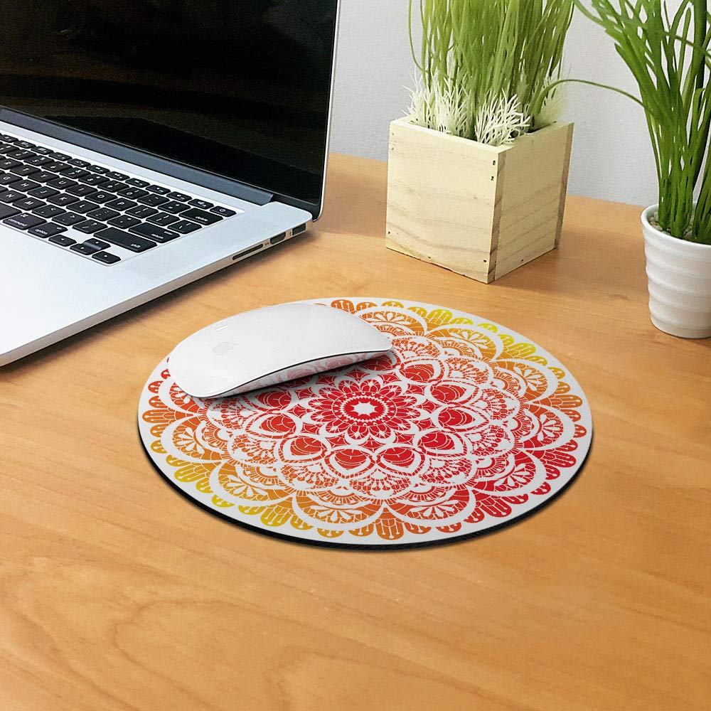 WIRESTER Non-Slip Round Mouse Pad - Red Orange Mandala Design for Home Office & Gaming Desk | Perfect for Computer Work, Online Meetings & PC Gaming