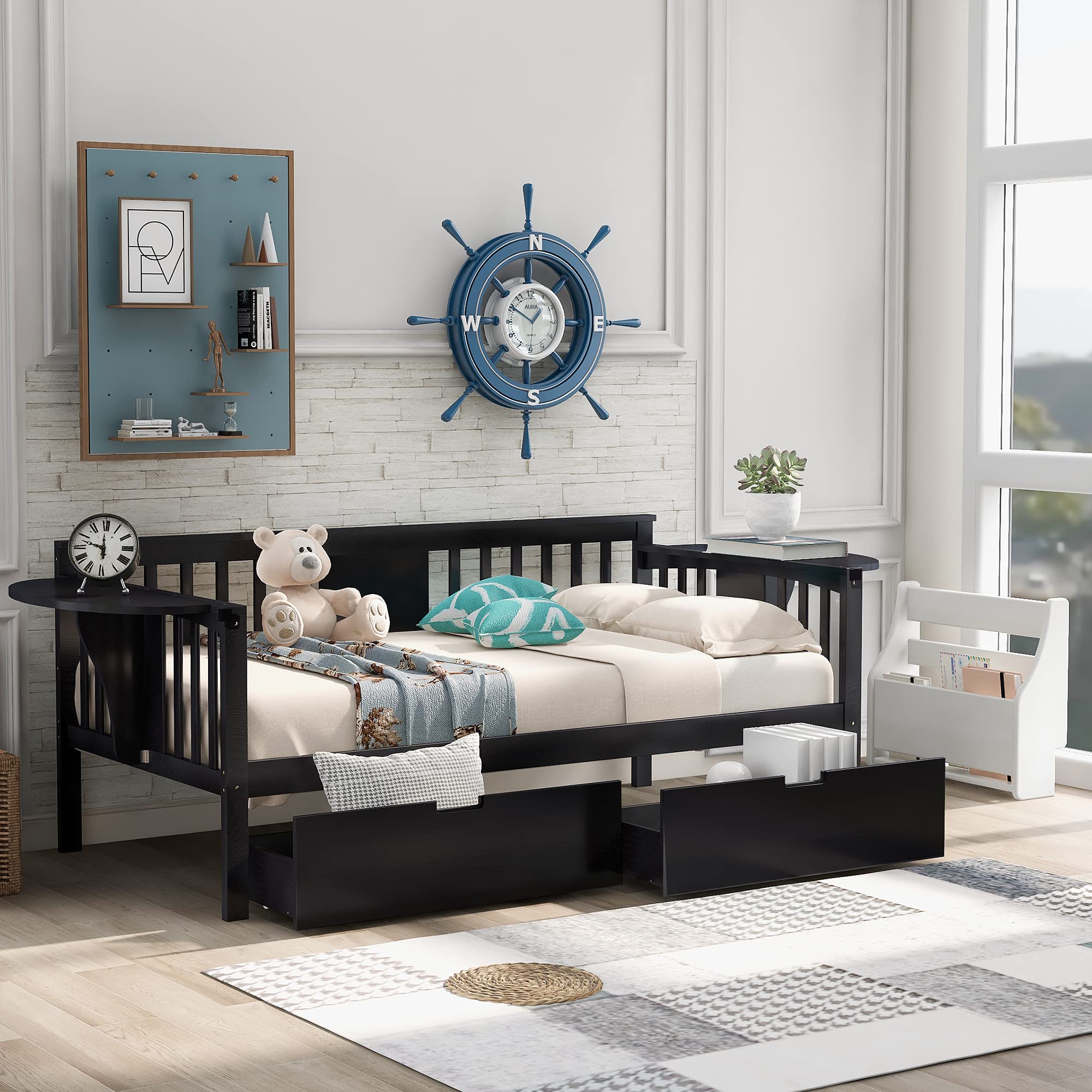 Solid Wood Daybed with 2 Folding Tables & 2 Drawers - Twin Size Multi-Functional Bed Frame for Kids, Teens & Guest Rooms - No Box Spring Needed - Perfect for Small Spaces, Sleepovers & Home Office Use