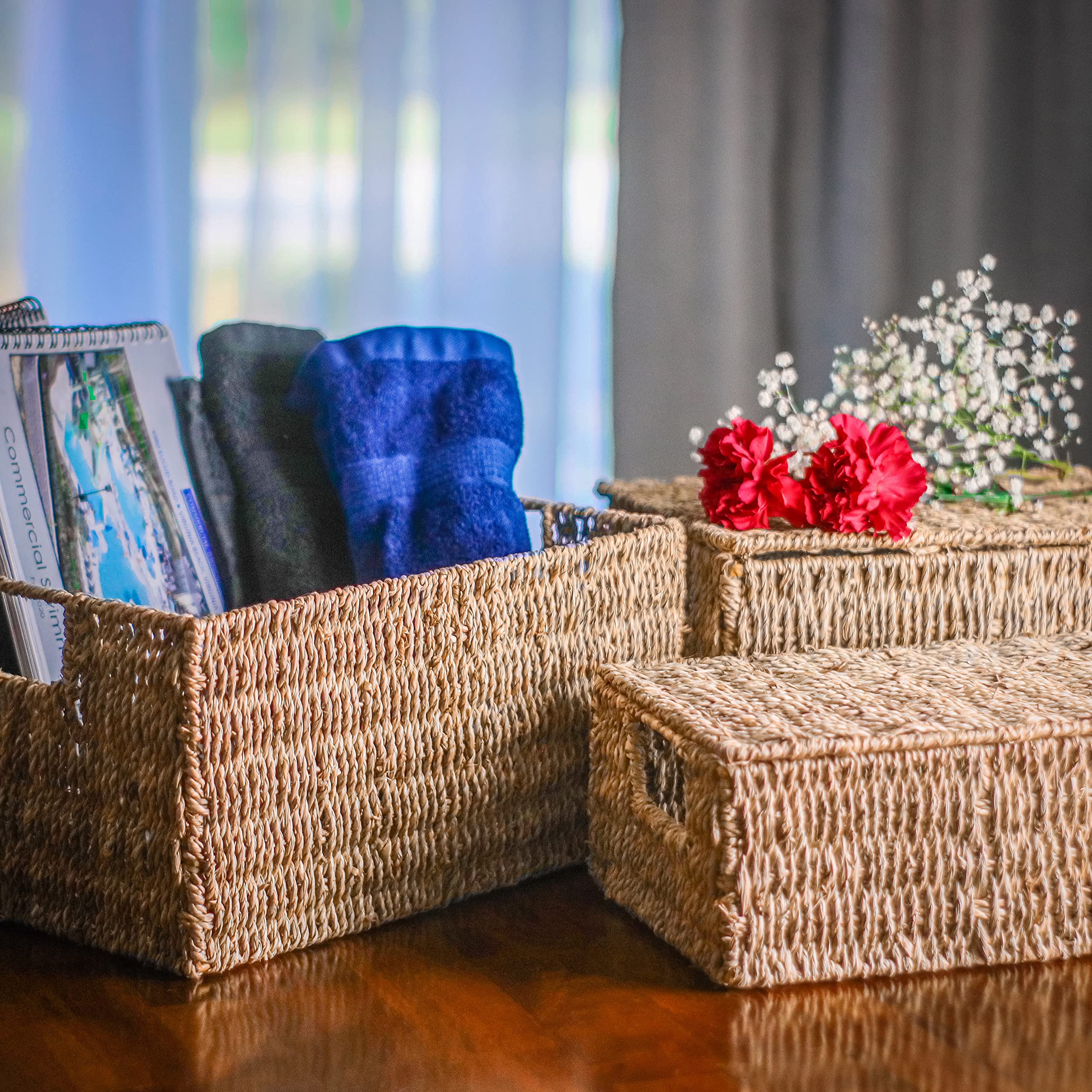 3-Piece Seagrass Storage Baskets with Lids - Natural Rectangular for Home Organization
