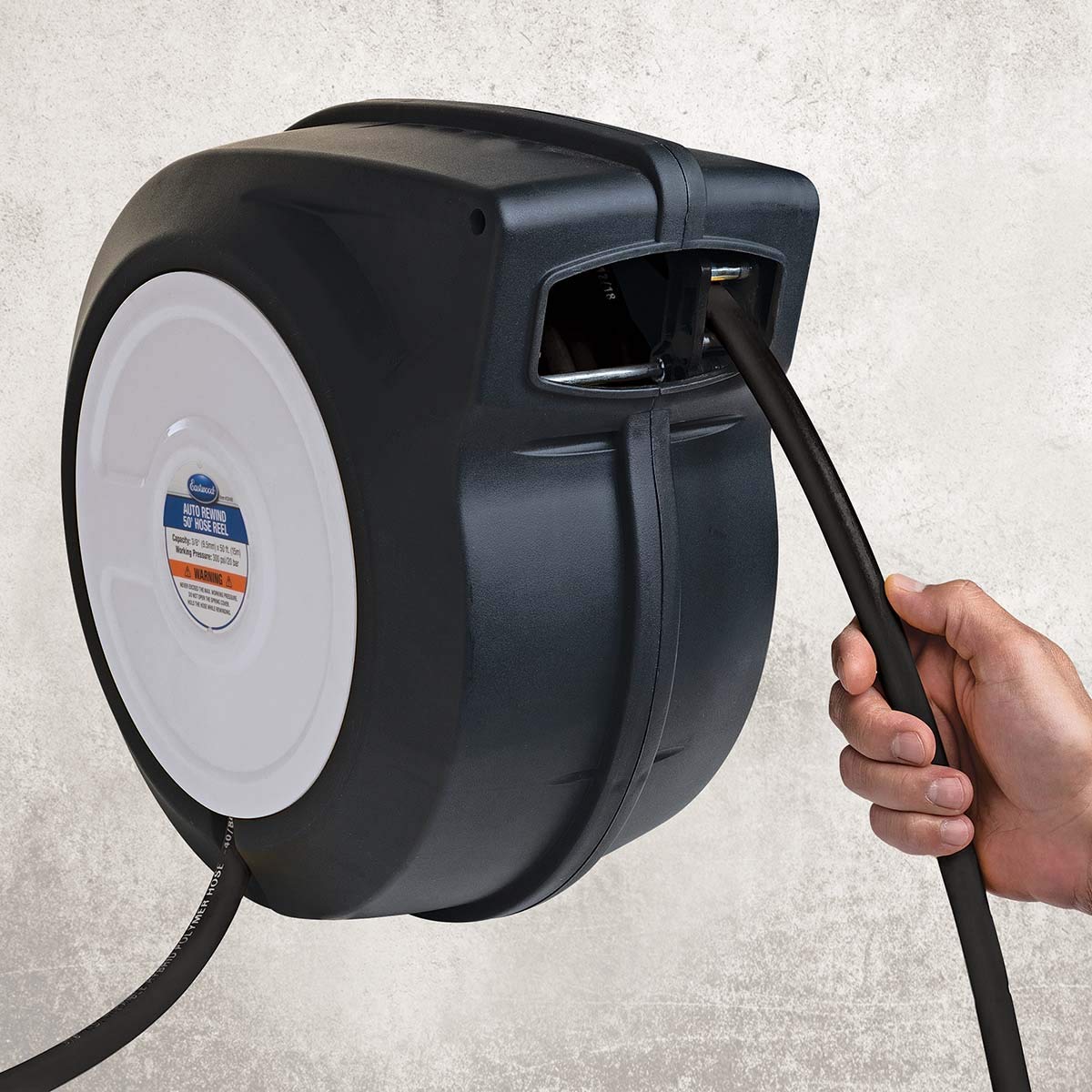 Eastwood 50ft Air Hose Reel with Hybrid Flex Polymer Hose - Heavy Duty Retractable Air Compressor Hose for Garage, Workshop & Automotive Use