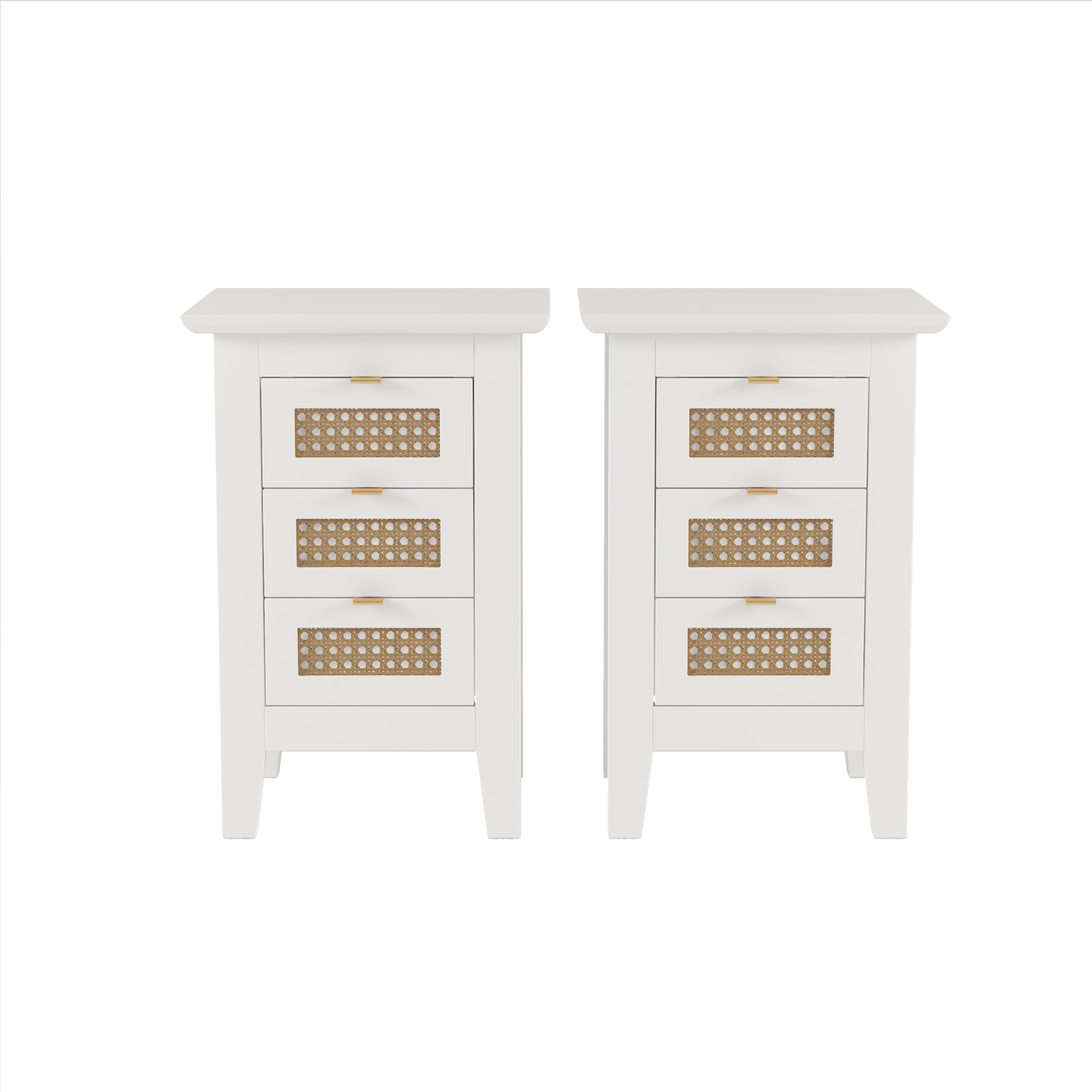 3-Piece Rattan Bedroom Set with Queen Size Platform Bed & 2 Nightstands - Natural Woven Headboard, 3-Drawer Storage - White Bedroom Furniture for Master Bedroom, Guest Room & Cozy Home Decor