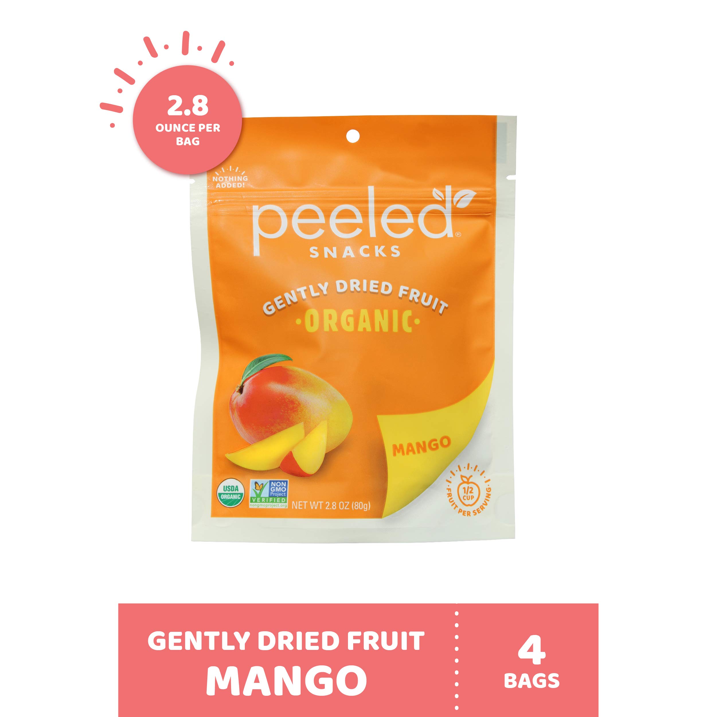 Organic Dried Mango Snacks | Vegan, Gluten-Free, Non-GMO | Healthy On-the-Go Snack for Work, School & Travel | 2.8 Oz (Pack of 4) | Peeled Snacks