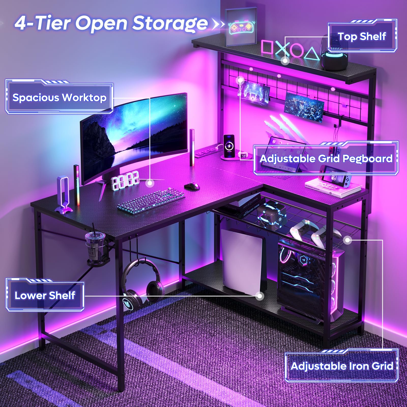 Bestier 42 Inch L-Shaped Gaming Desk with Power Outlets & LED Lights - Reversible Corner Computer Desk with 4-Tier Shelves, Cup Holder & Hook - Carbon Fiber Black for Home Office & Gaming Setup