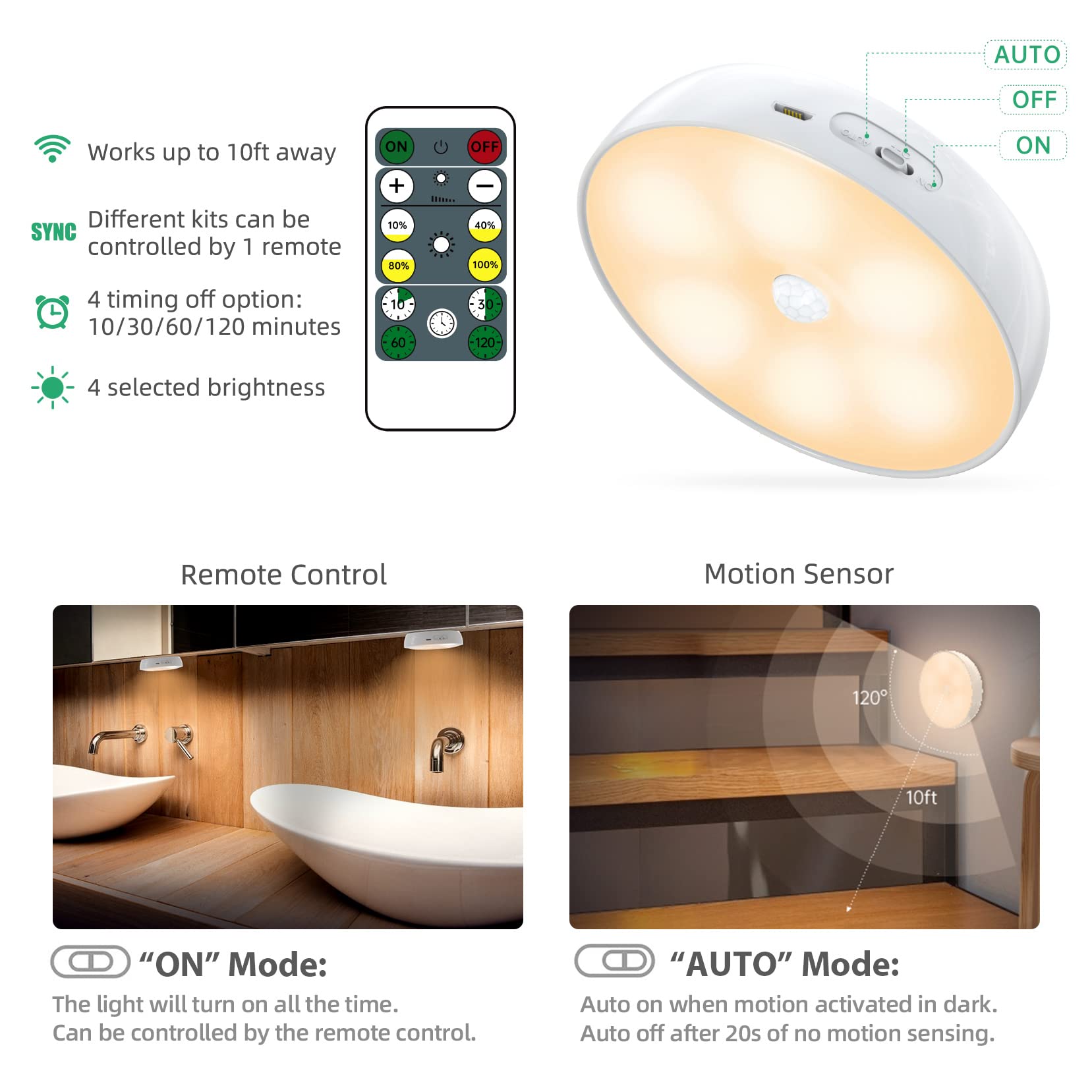 Warm White LED Closet Lights with Motion Sensor - USB Rechargeable Wireless Puck Lights, Dimmable Under Cabinet Lighting with Remote Control - Perfect for Wardrobe, Kitchen, Staircase (6 Pack)