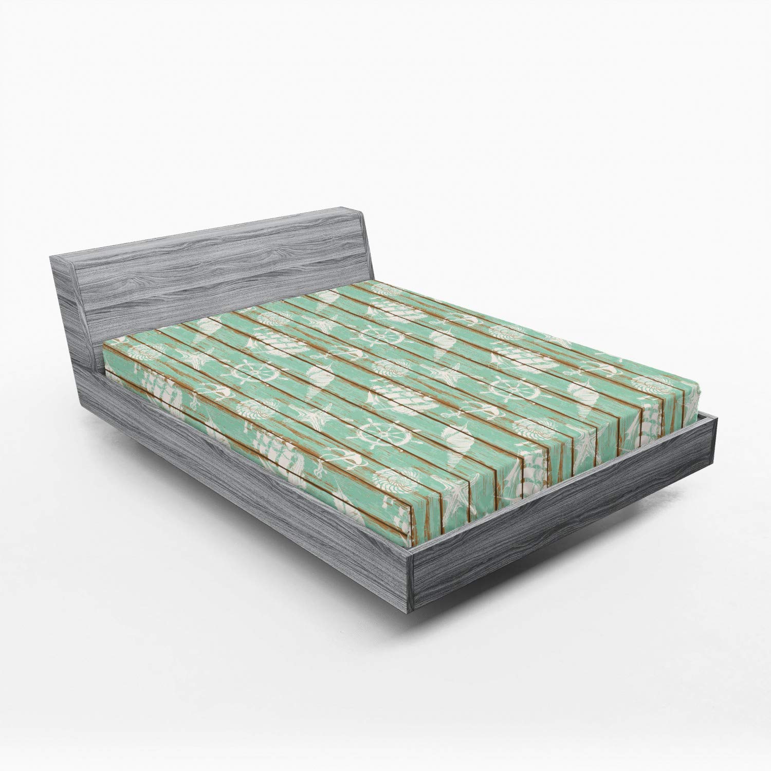 Ambesonne Nautical Fitted Sheet - Full Size Mint Green Ship Wheel Design with Anchor, Seashell & Sailboat Patterns | Deep Pocket Elastic Bed Cover for Comfort | Perfect for Coastal, Beach House or Maritime Themed Bedrooms