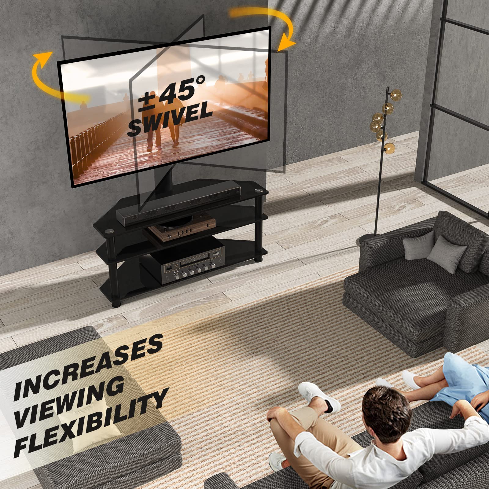 5Rcom Corner TV Stand with Mount - 3 Tier Tempered Glass Shelves for 32-75 Inch TVs (Max VESA 600x400mm) - Modern Entertainment Center for Living Room, Bedroom & Home Theater Setup