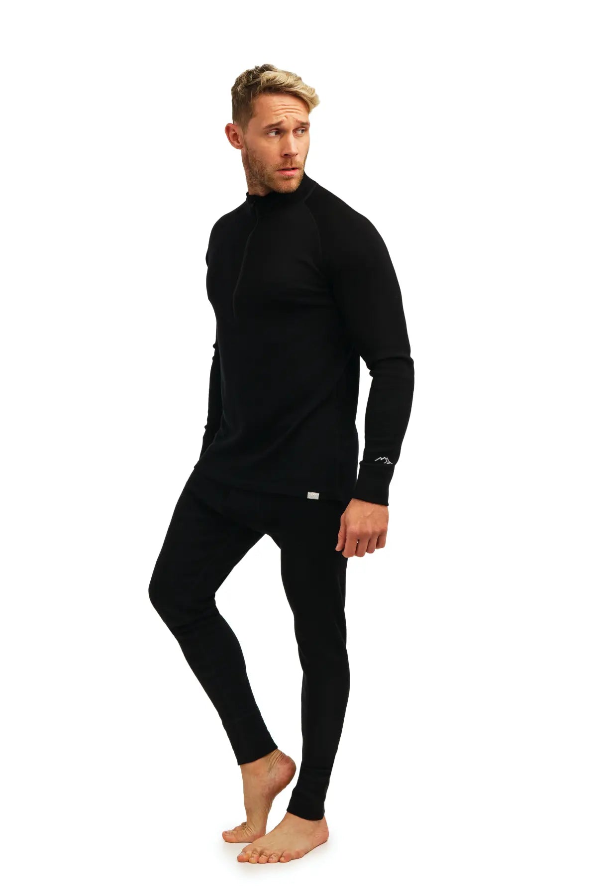 Men's Merino Wool Thermal Underwear Set with Zip - 320 GSM Black - Base Layer for Skiing, Hiking & Winter Outdoor Activities