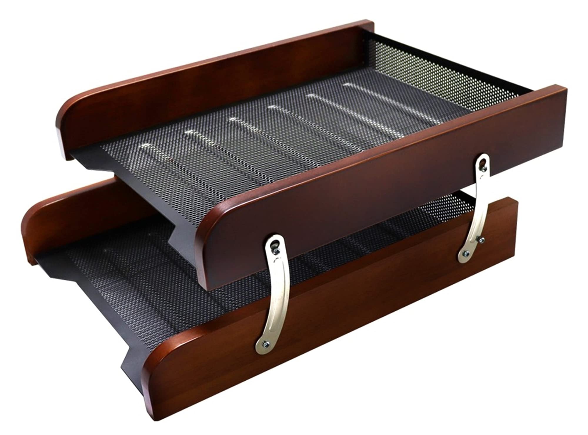 Wooden & Metal Double A4 Paper Tray Organizer - Nut Brown Office File Holder for Documents, Letters & Stationery - Perfect for Desk Organization in Home & Office Workspaces