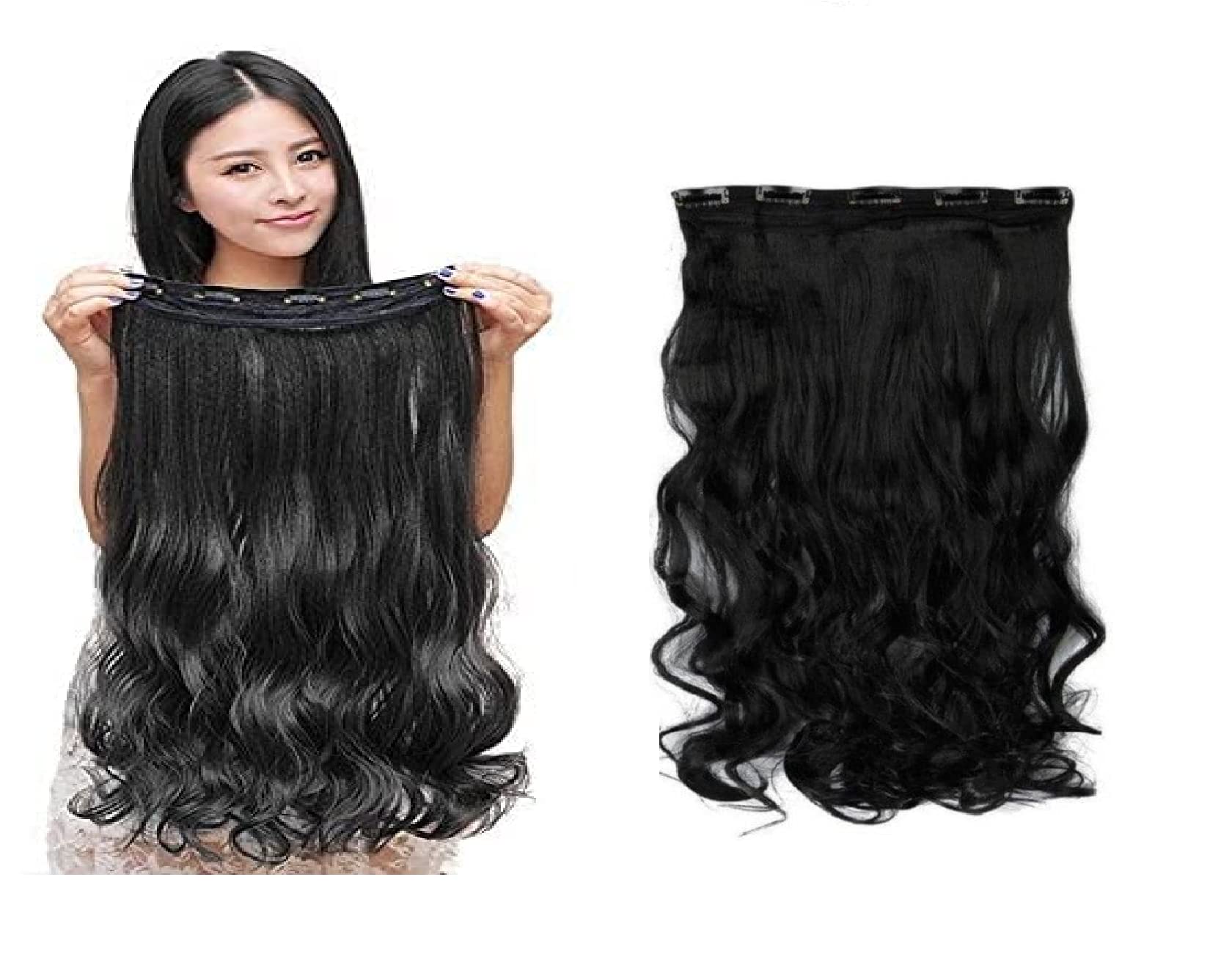 INAAYA Synthetic Curly Hair Extensions for Women & Girls - Black | Clip-in Hair Extensions for Volume & Length | Perfect for Parties, Weddings & Daily Styling