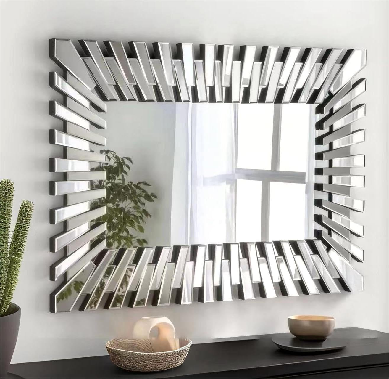 SHYFOY Starburst Wall Mirror - Large Decorative Accent Mirror with 3D Silver Fountain Design (40