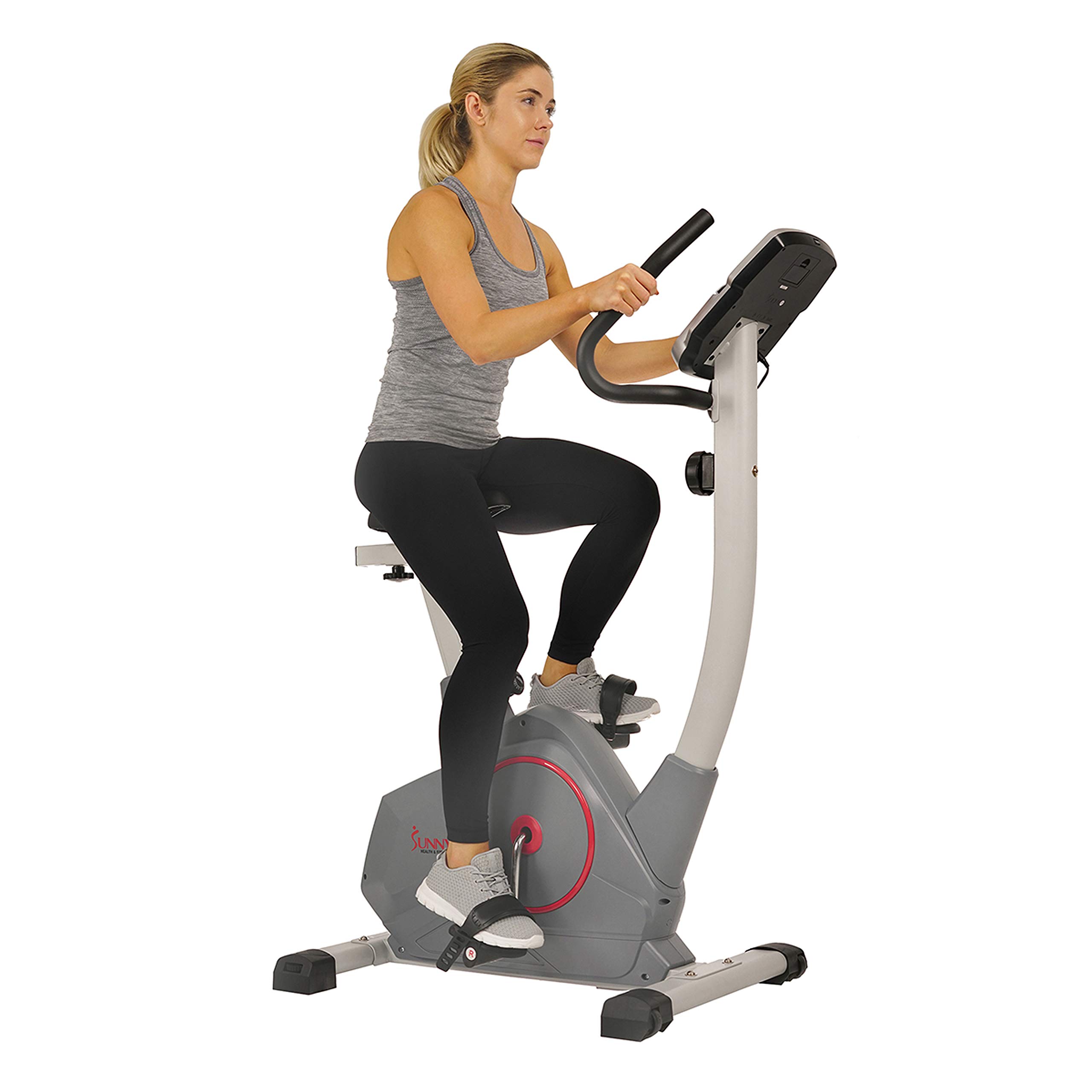 Sunny Health & Fitness Stationary Exercise Bike with Pulse Sensor, 4-Way Adjustable Seat & Bluetooth Connectivity - Home Cardio Workout Machine with Optional Resistance Bands & Free SunnyFit App - Perfect for Indoor Cycling, Weight Loss & Home Gym Training