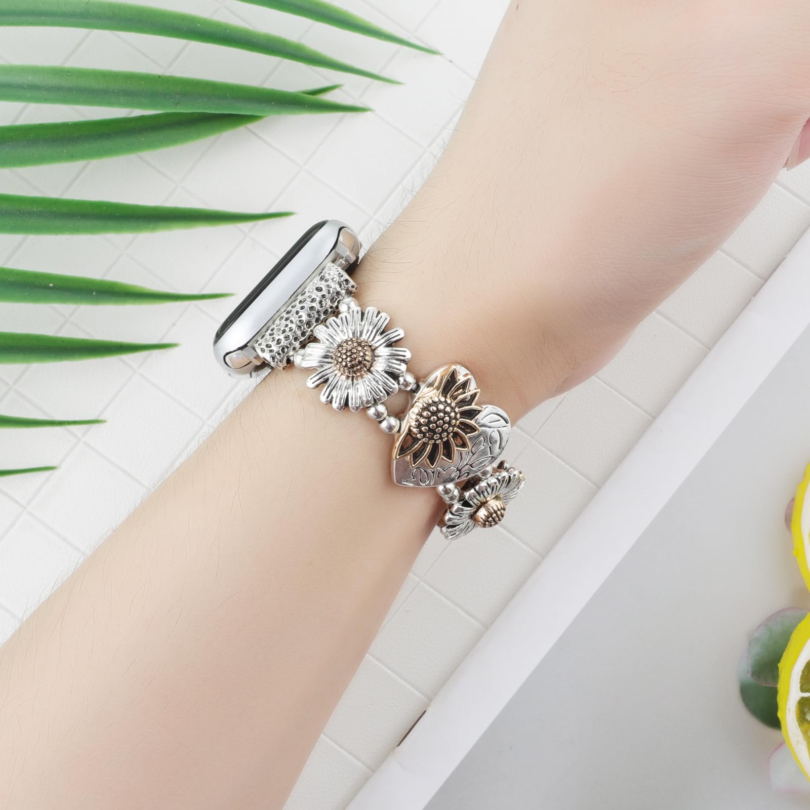 Stretchy Metal Apple Watch Bands Compatible with 38mm 40mm 41mm 42mm 44mm 45mm 49mm - Women's Fashion Elastic Sunflower Heart Design Stainless Steel Wristband for iWatch Series 9/8/7/6/5/4/3/2/SE - Perfect for Workouts, Office Wear & Everyday Fashion Accessories