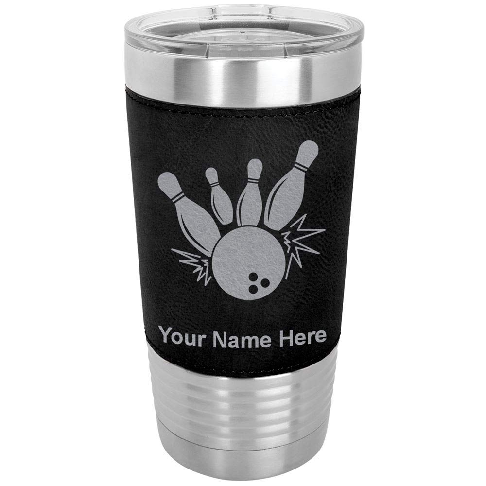 LaserGram 20oz Vacuum Insulated Stainless Steel Tumbler Mug with Bowling Ball & Pins Design - Personalized Engraving Included (Faux Leather Sleeve, Black) - Perfect for Coffee, Tea & Cold Drinks at Work, Gym or Outdoor Activities