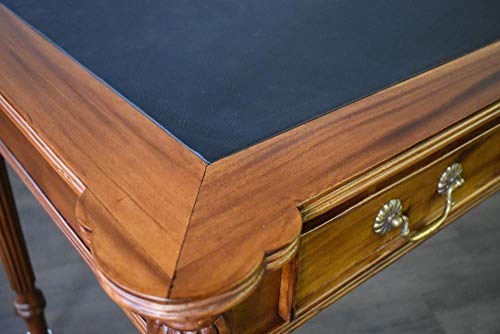 Handcrafted Solid Mahogany Wood Desk with Genuine Leather Top - Brown Walnut Finish for Home Office, Study & Executive Workspace