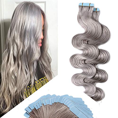 20 Inch Human Hair Extensions - 20pcs Body Wave Tape in Extensions (50g/pack) - Highlight Grey Long Wavy Seamless Skin Weft with Invisible Double Sided Tape - Perfect for Daily Styling, Parties & Special Occasions