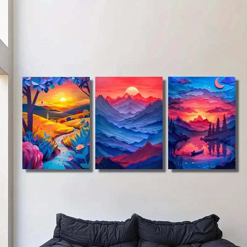 3-Piece Rich Valley Sunset Landscape Metal Print Wall Art - Ready to Hang - Perfect for Living Room, Bedroom & Office Decor